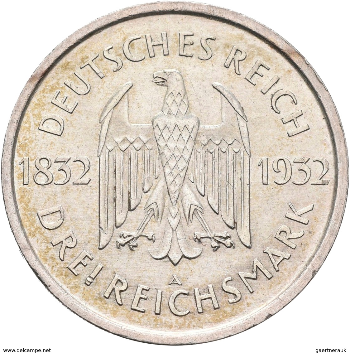 Weimarer Republik: 3 Reichsmark 1932 A, Goethe, 100. Todestag, Jaeger 350, Sehr Schön. Dazu 5 Reichs - Otros & Sin Clasificación
