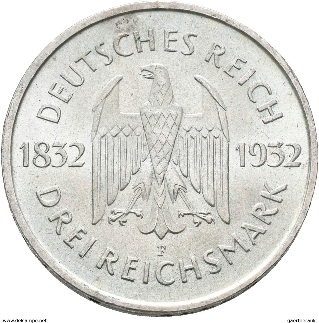 Weimarer Republik: 3 Reichsmark 1932 F, Johann Wolfgang V. Goethe, 100. Todestag, Jaeger 350, Vorzüg - Sonstige & Ohne Zuordnung