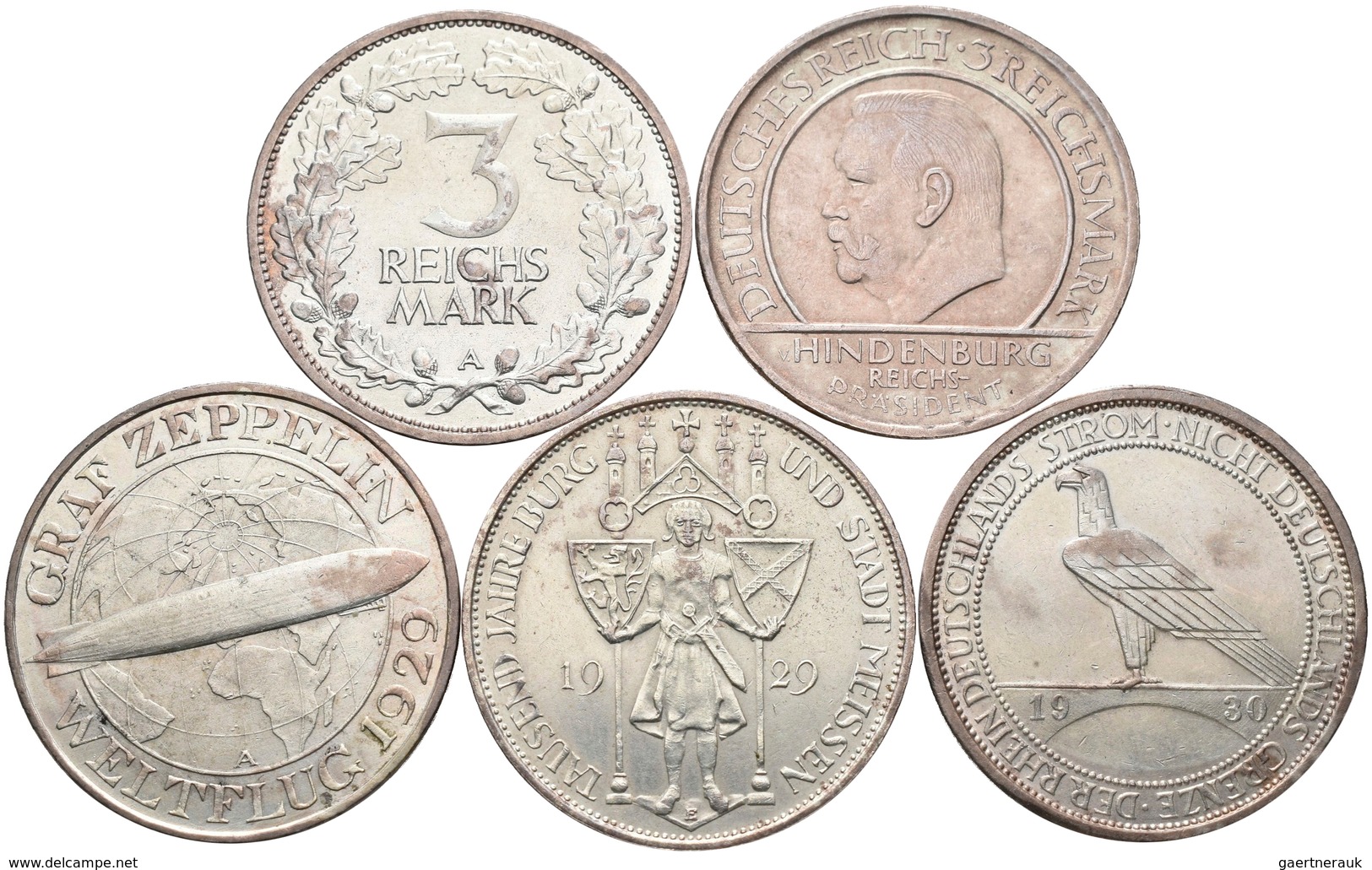 Weimarer Republik: Lot 5 Stück; 3 Reichsmark 1925 A Rheinlande, 1929 A Schwurhand, 1929 E Meißen, 19 - Altri & Non Classificati