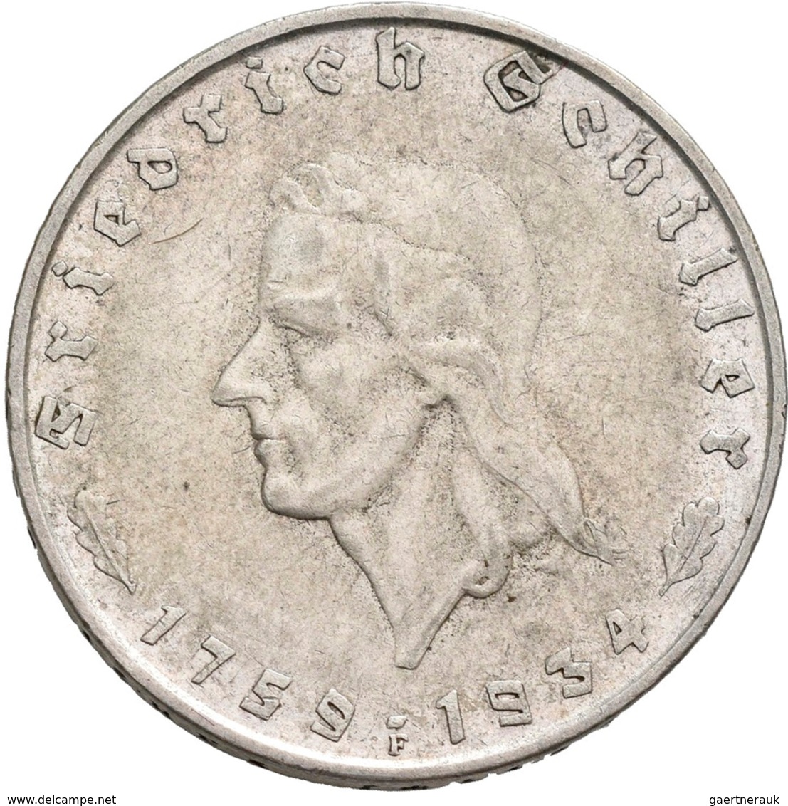 Drittes Reich: Lot 2 Münzen: 2 Reichsmark 1934 F, Schiller, Jaeger 358 + 5 Reichsmark 1934 F, Schill - Sonstige & Ohne Zuordnung