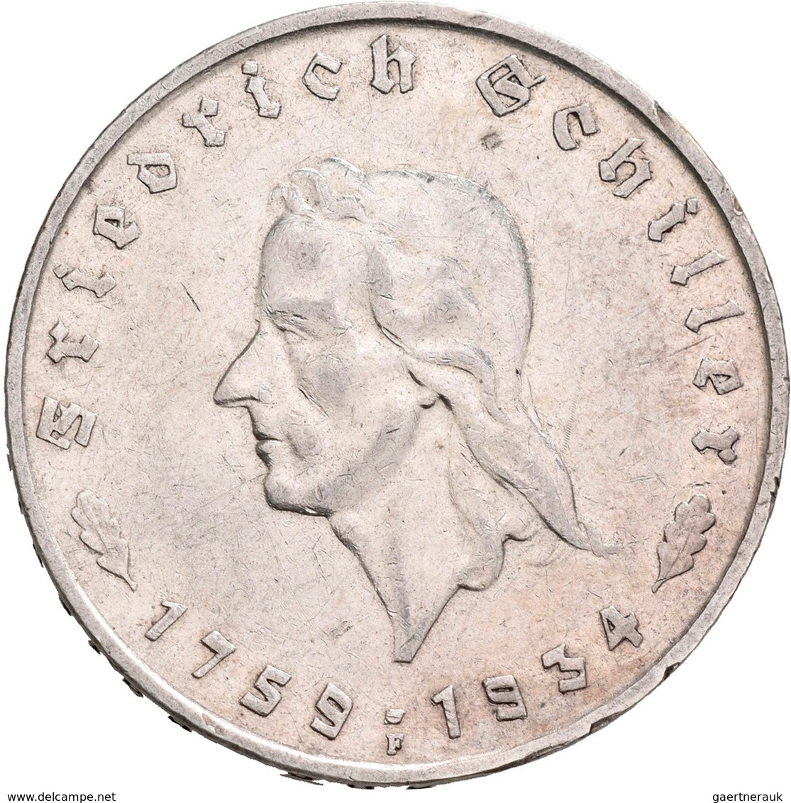 Drittes Reich: Lot 2 Münzen: 2 Reichsmark 1934 F, Schiller, Jaeger 358 + 5 Reichsmark 1934 F, Schill - Sonstige & Ohne Zuordnung