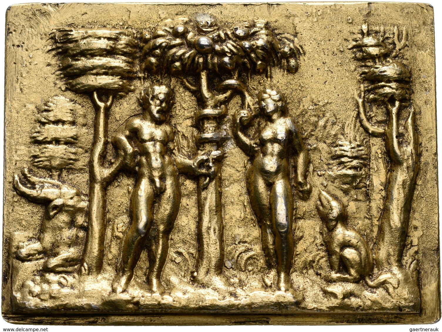 Medaillen - Religion: Süddeutschland: Silberguss-Plakette, Vergoldet, 16. Jahrhundert, "ADAM UND EVA - Ohne Zuordnung