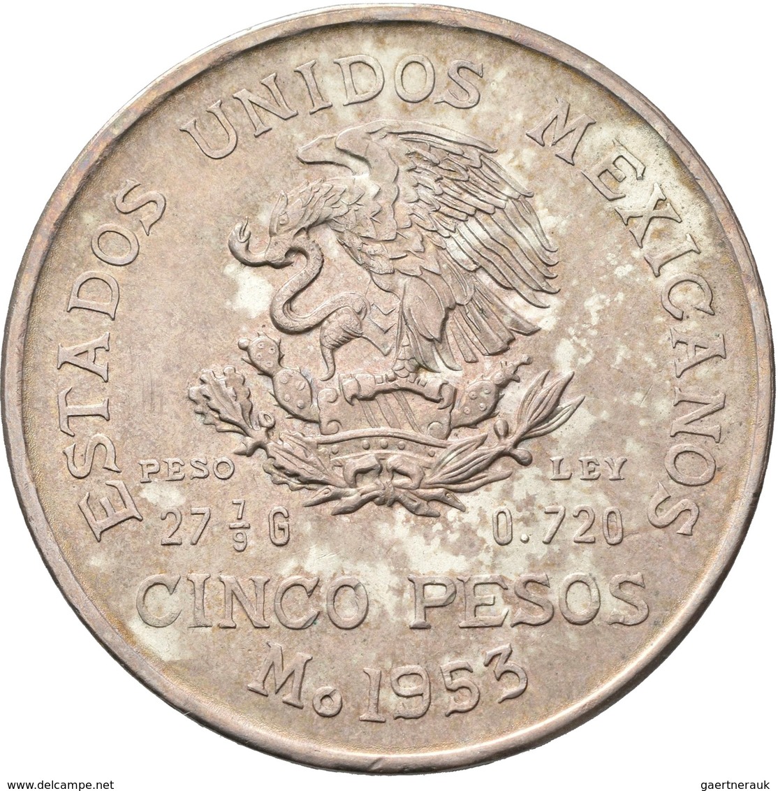 Mexiko: Lot 7 Silbermünzen; 8 Reales 1890, 1 Peso 1910, 2 Pesos 1921, 5 Pesos 1947, 5 Pesos 1953, 25