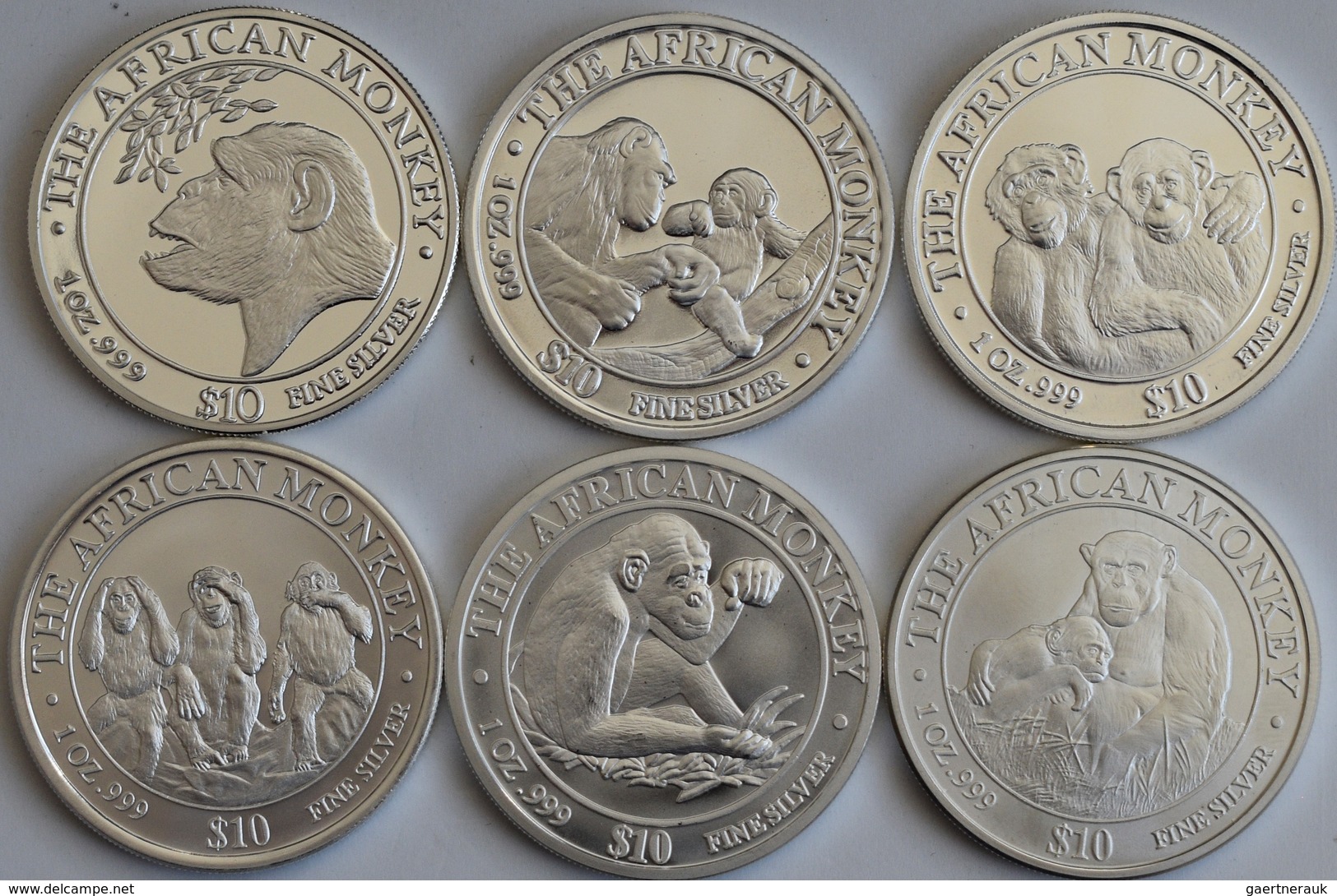 Somalia: Lot 6 X 1 OZ Silber African Monkey Der Jahre 1998-2003. - Other & Unclassified