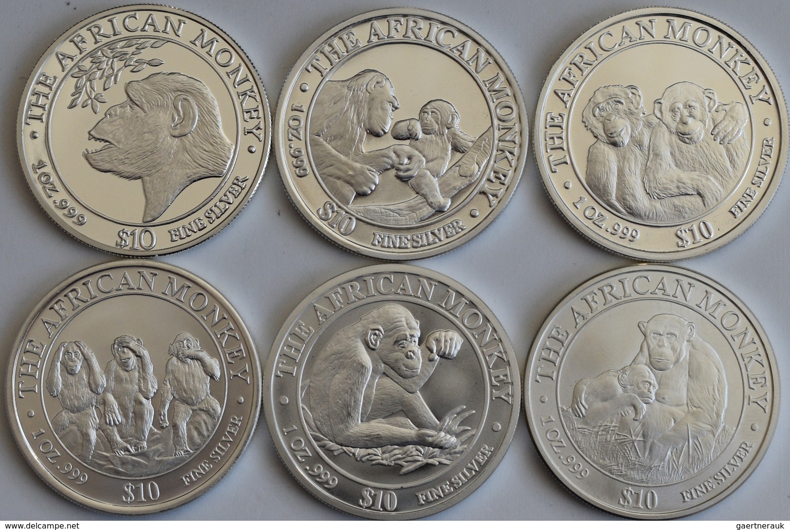 Somalia: Lot 6 X 1 OZ Silber African Monkey Der Jahre 1998-2003. - Altri & Non Classificati