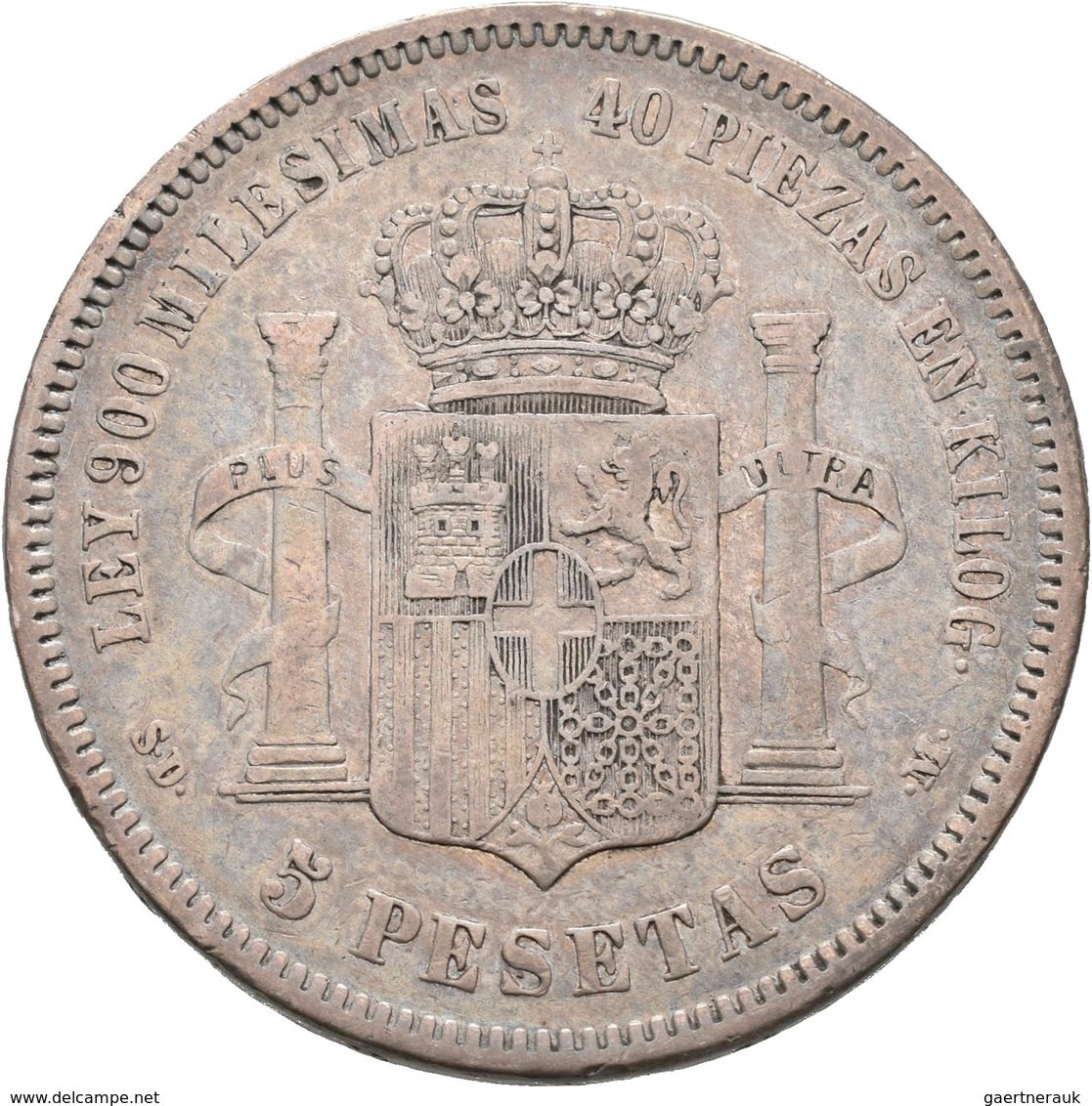 Spanien: Lot 8 Stück; 8 x 5 Pesetas: 1870, 1871 (2x), 1877, 1885, 1889, 1893, 1897, sehr schön, sehr