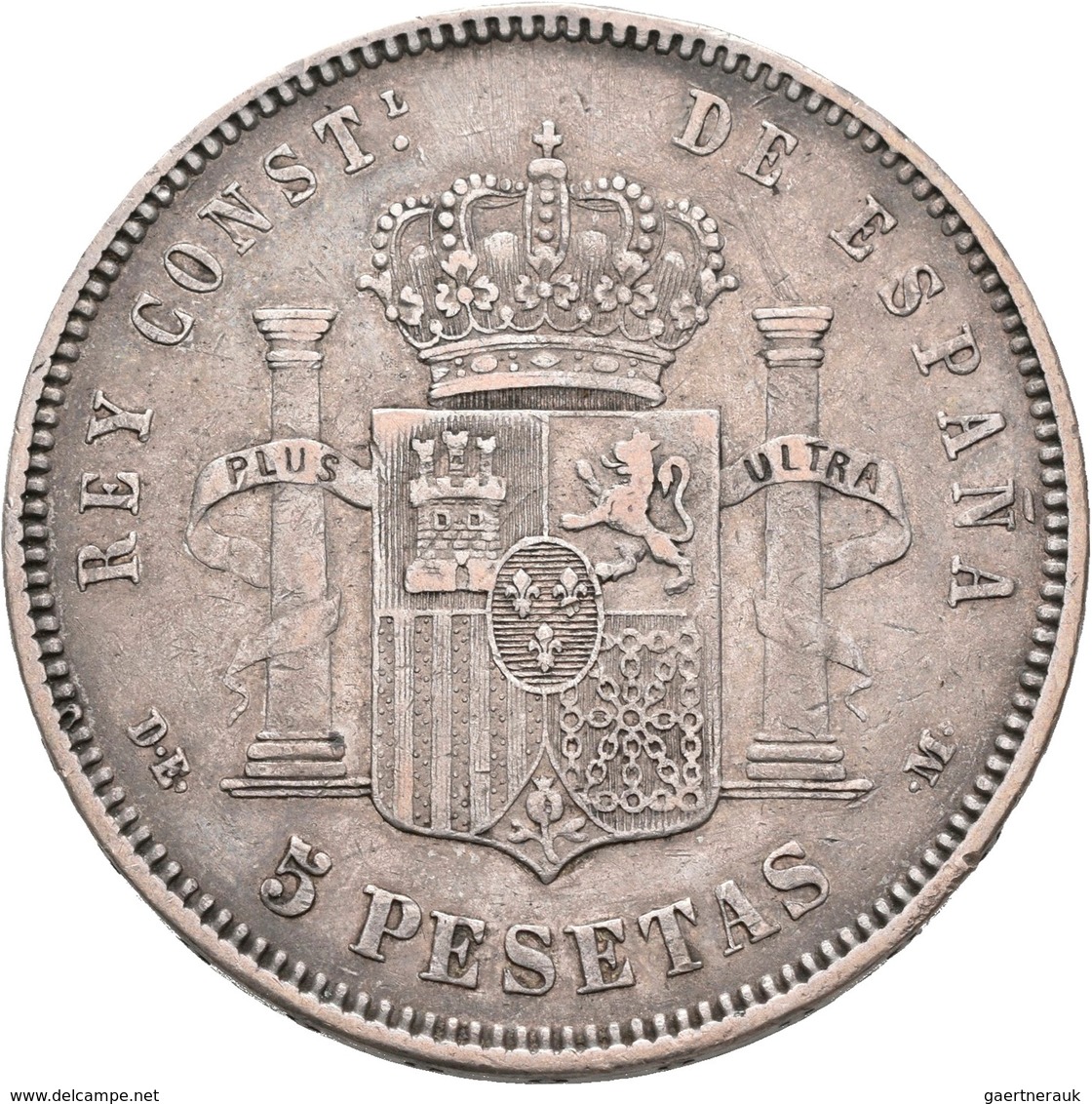 Spanien: Lot 8 Stück; 8 x 5 Pesetas: 1870, 1871 (2x), 1877, 1885, 1889, 1893, 1897, sehr schön, sehr