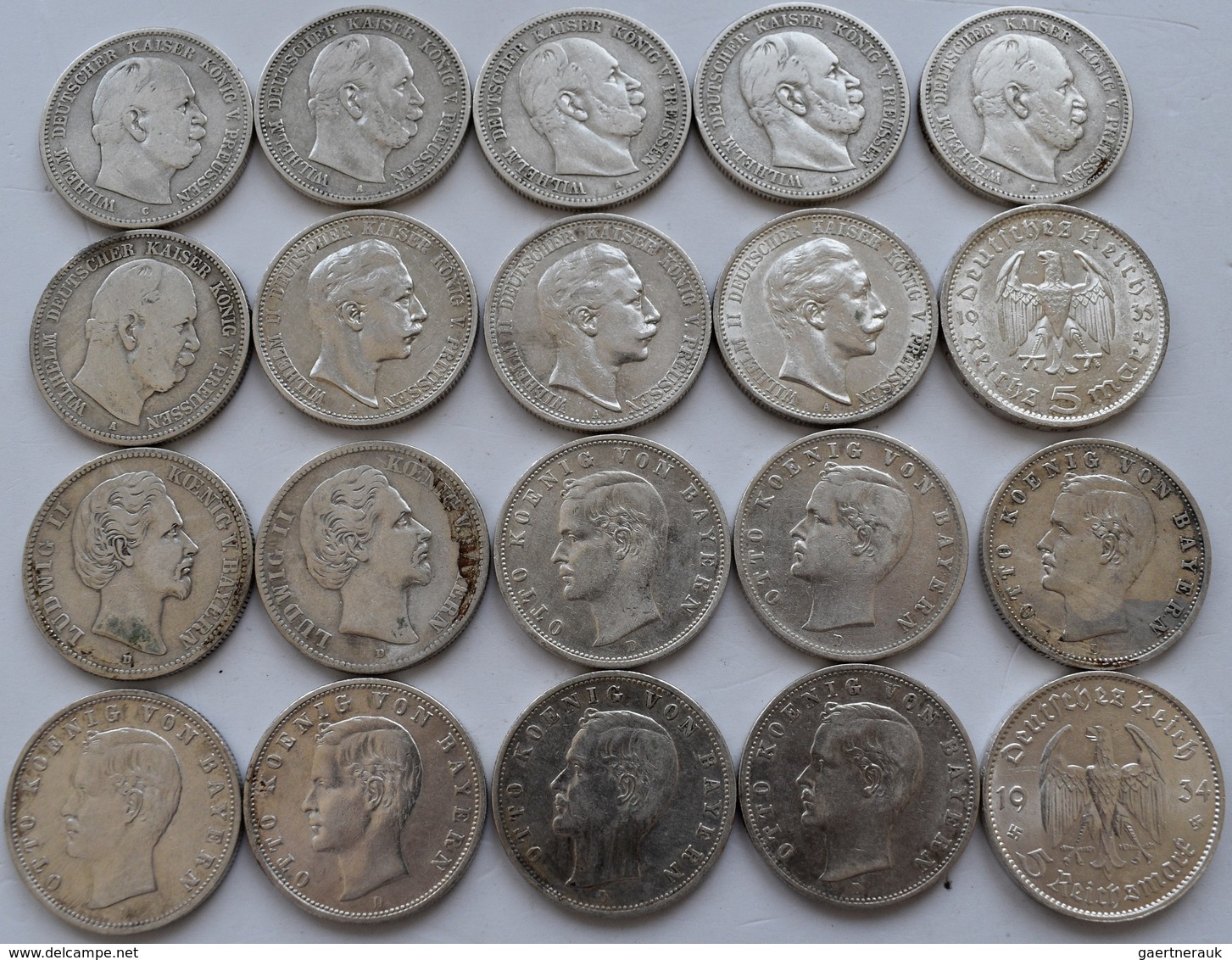 Umlaufmünzen 2 Mark Bis 5 Mark: Lot 20 Münzen, Dabei: 9 X 2 Mark Preußen (1876-1911), 9 X 2 Mark Bay - Taler Et Doppeltaler