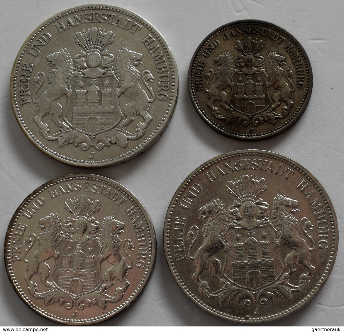 Hamburg: Lot 4 Münzen (Typensammlung), Dabei: 5 Mark 1876 (J. 62), 2 Mark 1908 (J. 63), 3 Mark 1910 - Taler & Doppeltaler