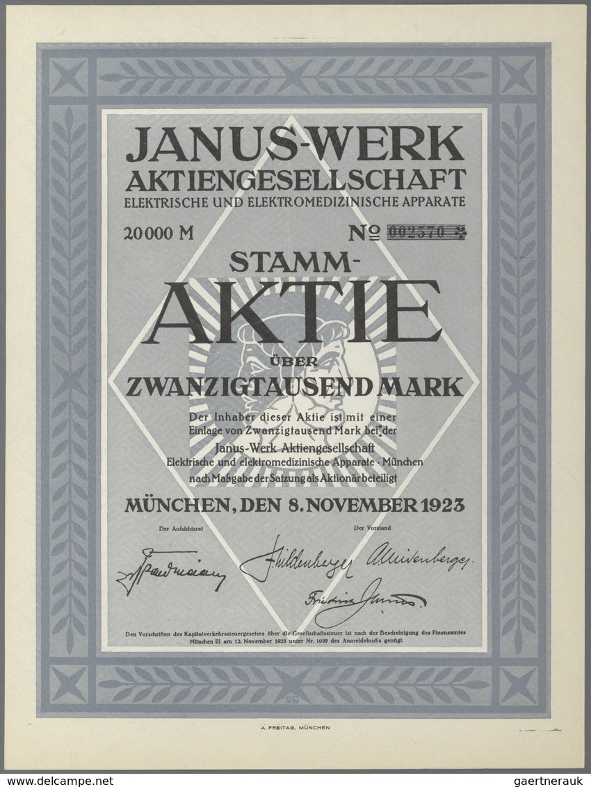 Alte Aktien / Wertpapiere: Lot 8 Aktien 8.11.1923 Der Janus-Werk AG München, 5 X 20.000 Mark Und 3 X - Altri & Non Classificati