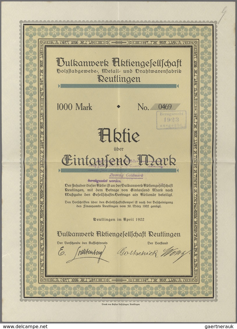 Alte Aktien / Wertpapiere: 1922: Vulkanwerk Aktiengesellschaft Reutlingen, Aktie über 1.000 Mark, Ap - Altri & Non Classificati