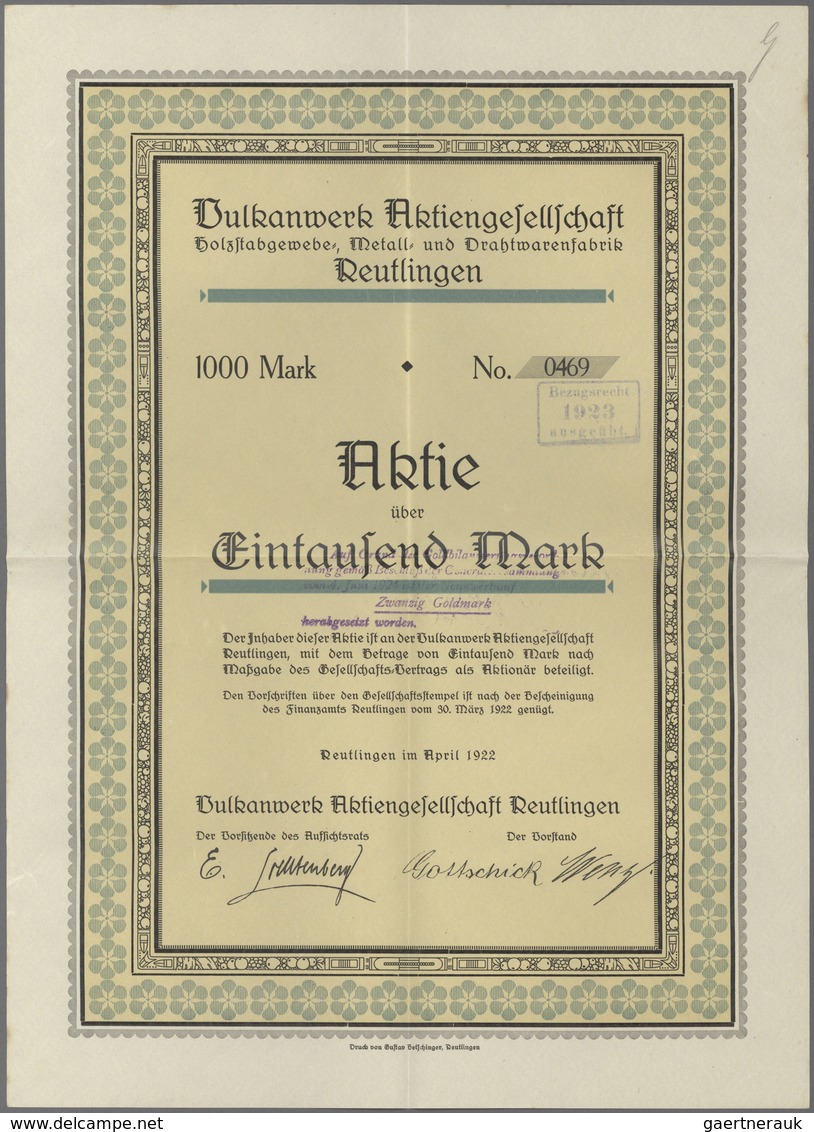 Alte Aktien / Wertpapiere: 1922: Vulkanwerk Aktiengesellschaft Reutlingen, Aktie über 1.000 Mark, Ap - Sonstige & Ohne Zuordnung