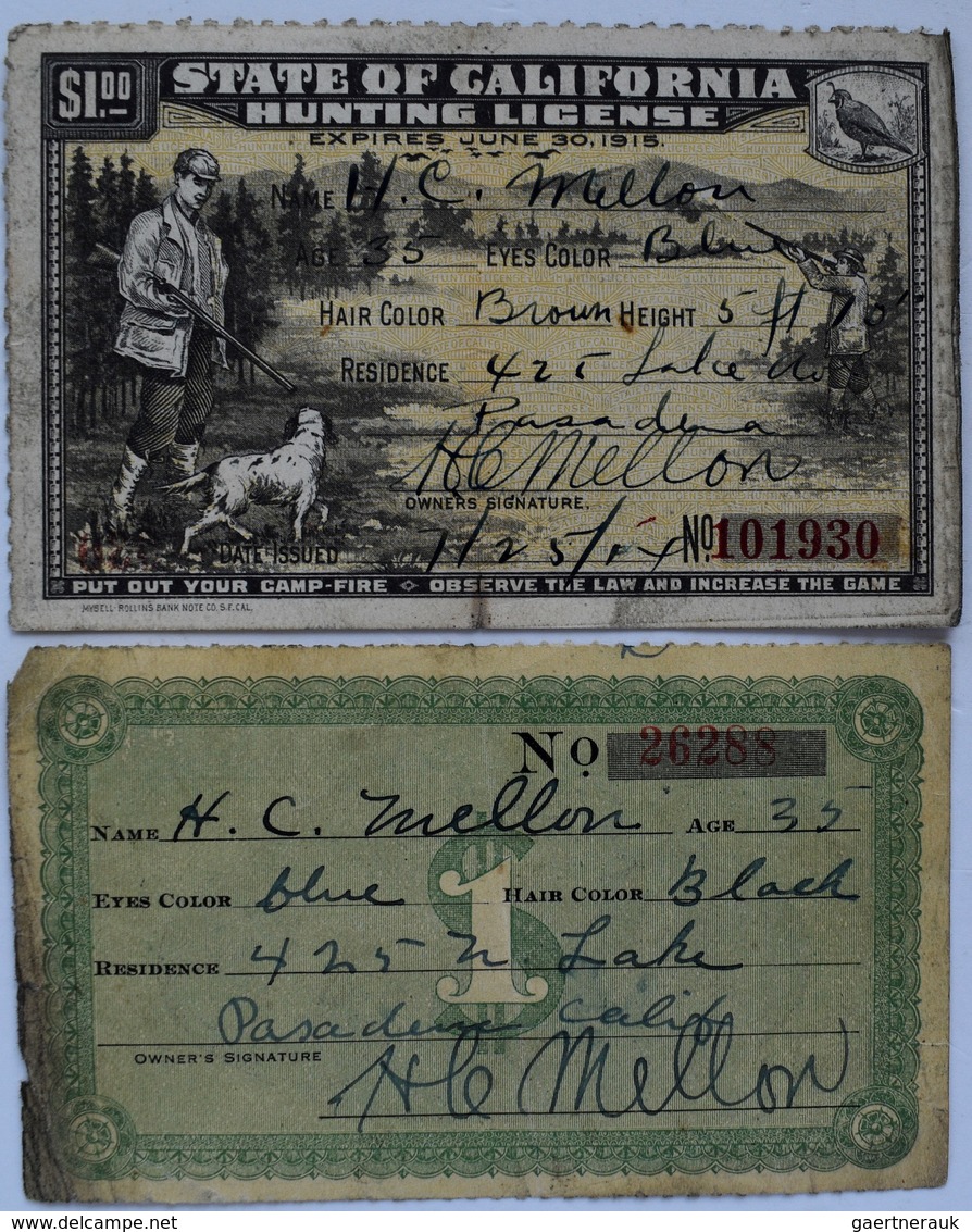 Varia, Sonstiges: State Of California Hunting License, Lot 2 Stück Zu Je 1 Dollar. 1x Expires June 3 - Other & Unclassified