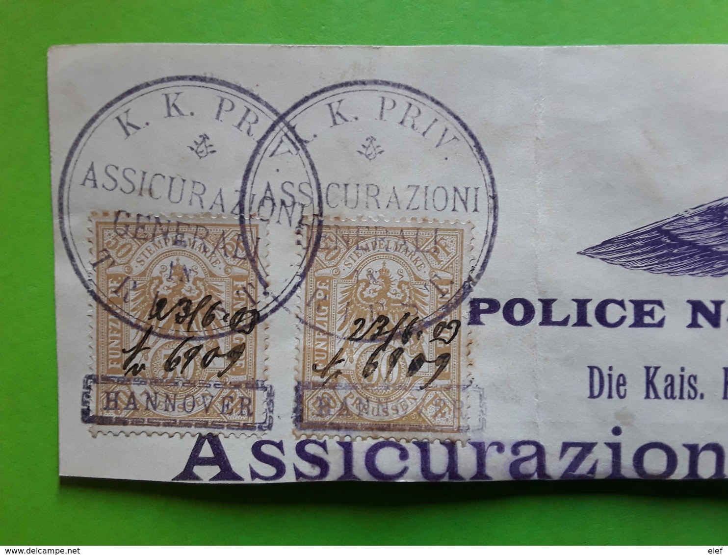 PREUSSEN Prusse, 2 Timbres Fiscaux Stempelmarke Obl K.K. PRIV ASSICURAZIONI GENERALI Hannover , Triest, Aigle ,1872 - Other & Unclassified