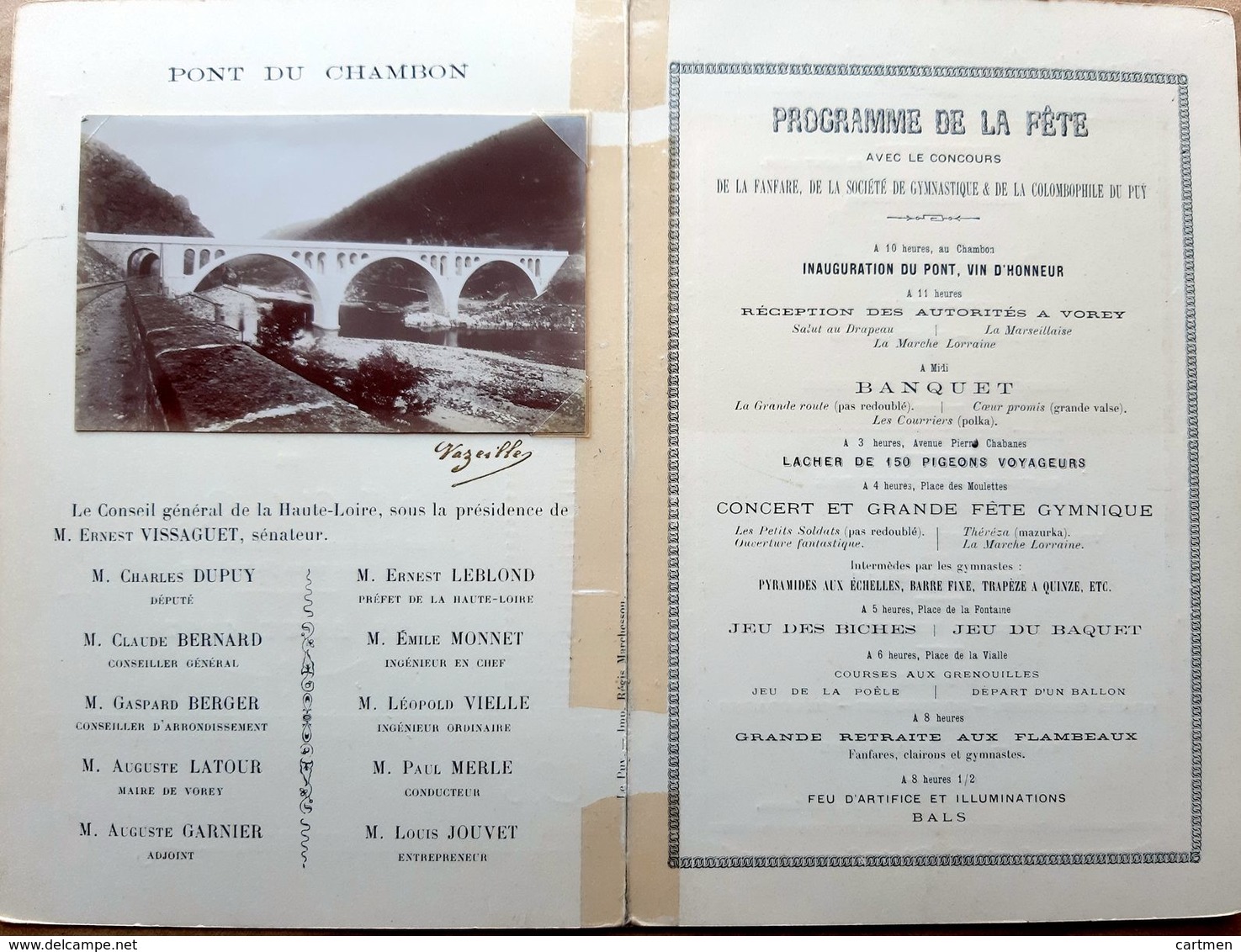 43 VOREY MENU ET PROGRAMME DES FESTIVITES  INAUGURATION DU PONT DU CHAMBON 1897 - Craponne Sur Arzon