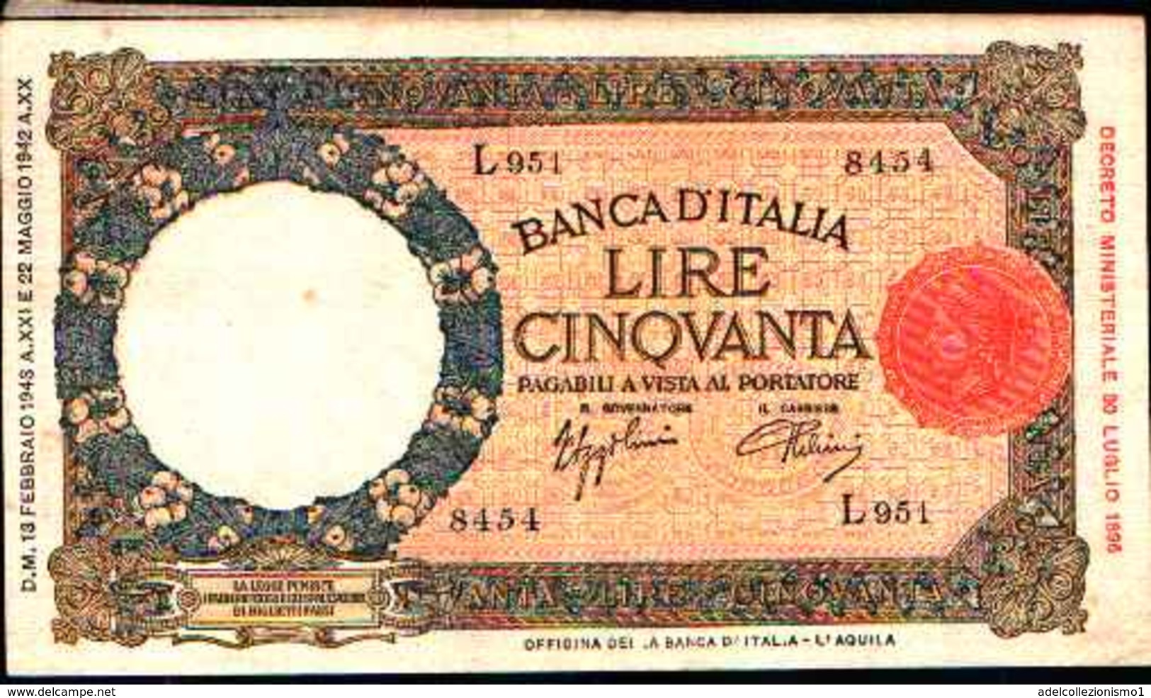 1792) 50 LIRE LUPETTA(FASCIO)L'AQUILA-DEC. 13-2-1943 -SPL - 50 Lire