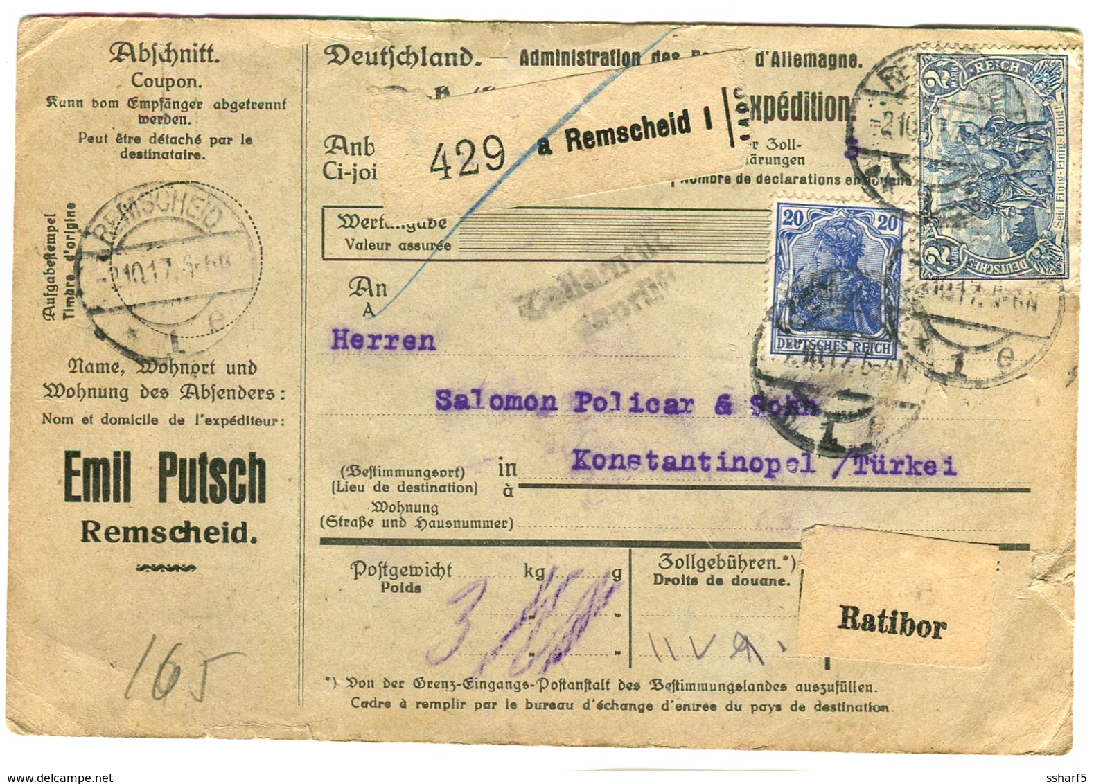 1917 Adresskarte Emil Putsch Remscheid - Ratibor - Konstantinopel 2 M 20 - Covers & Documents