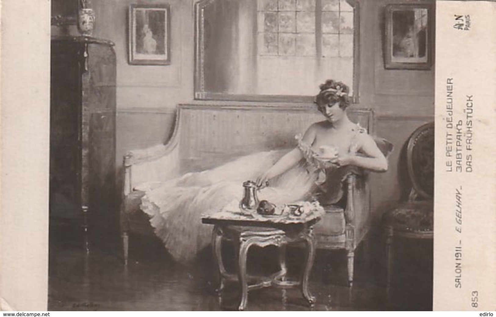 ***  PEINTURE  ***   Salon De Paris 1911 - E GELHAY  Le Petit Déjeuner - écrite TTB - Paintings