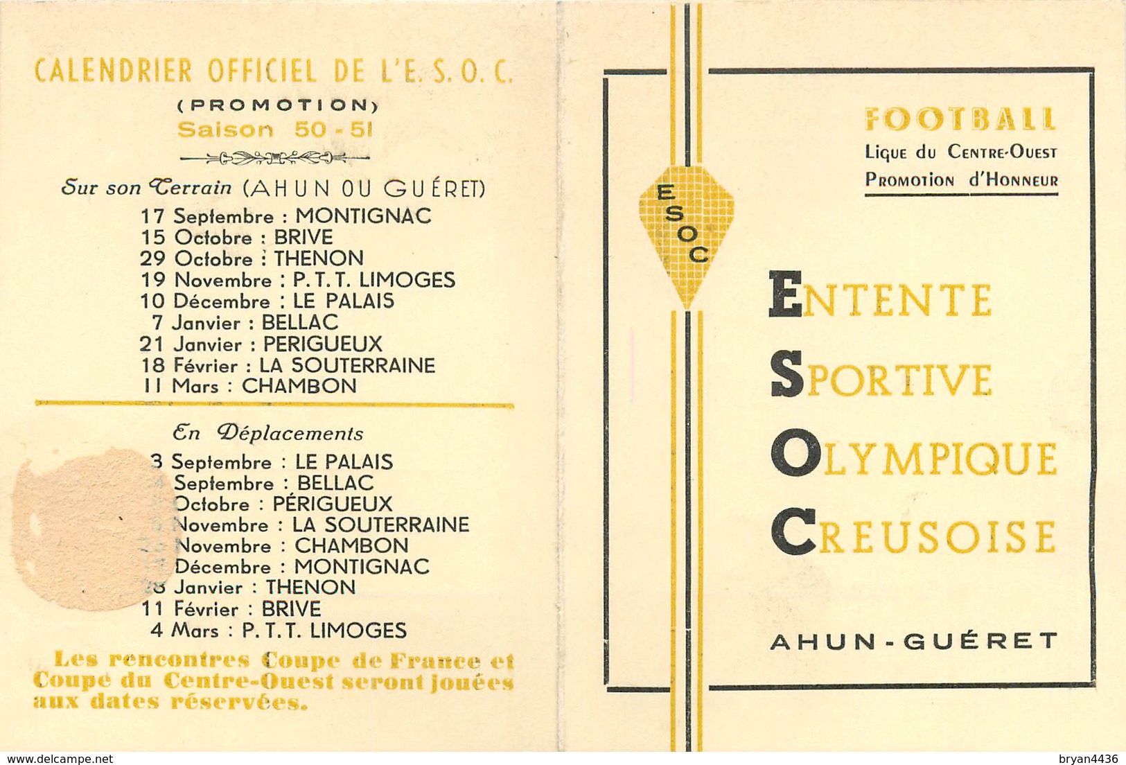 23 - ENTENTE SPORTIVE OLYMPIQUE CREUSOISE - AHUN-GUERET - FOOTBALL - CARTE CALENDRIER DE MEMBRE 1950-51 (8 X 11 Cm) - Other & Unclassified