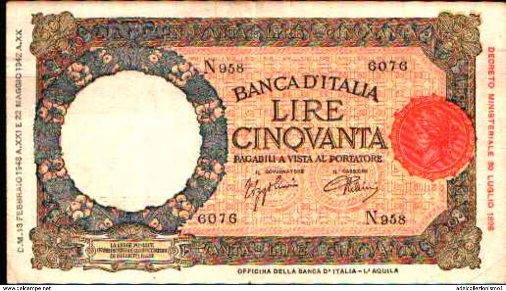1794) 50 LIRE LUPETTA(FASCIO)L'AQUILA-DEC. 13-2-1943 -SPL - 50 Lire
