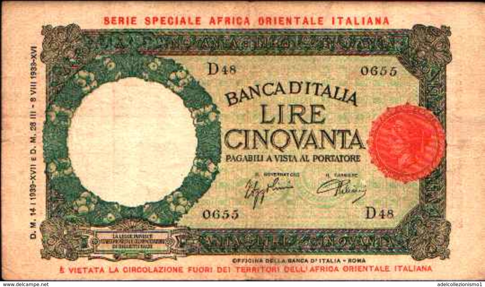 1795) 50 LIRE LUPETTA CAPITOLINA-DEC. 14-1-1939 -SPL PER L'AFRICA ORIENTALE ITALIANA - Africa Oriental Italiana