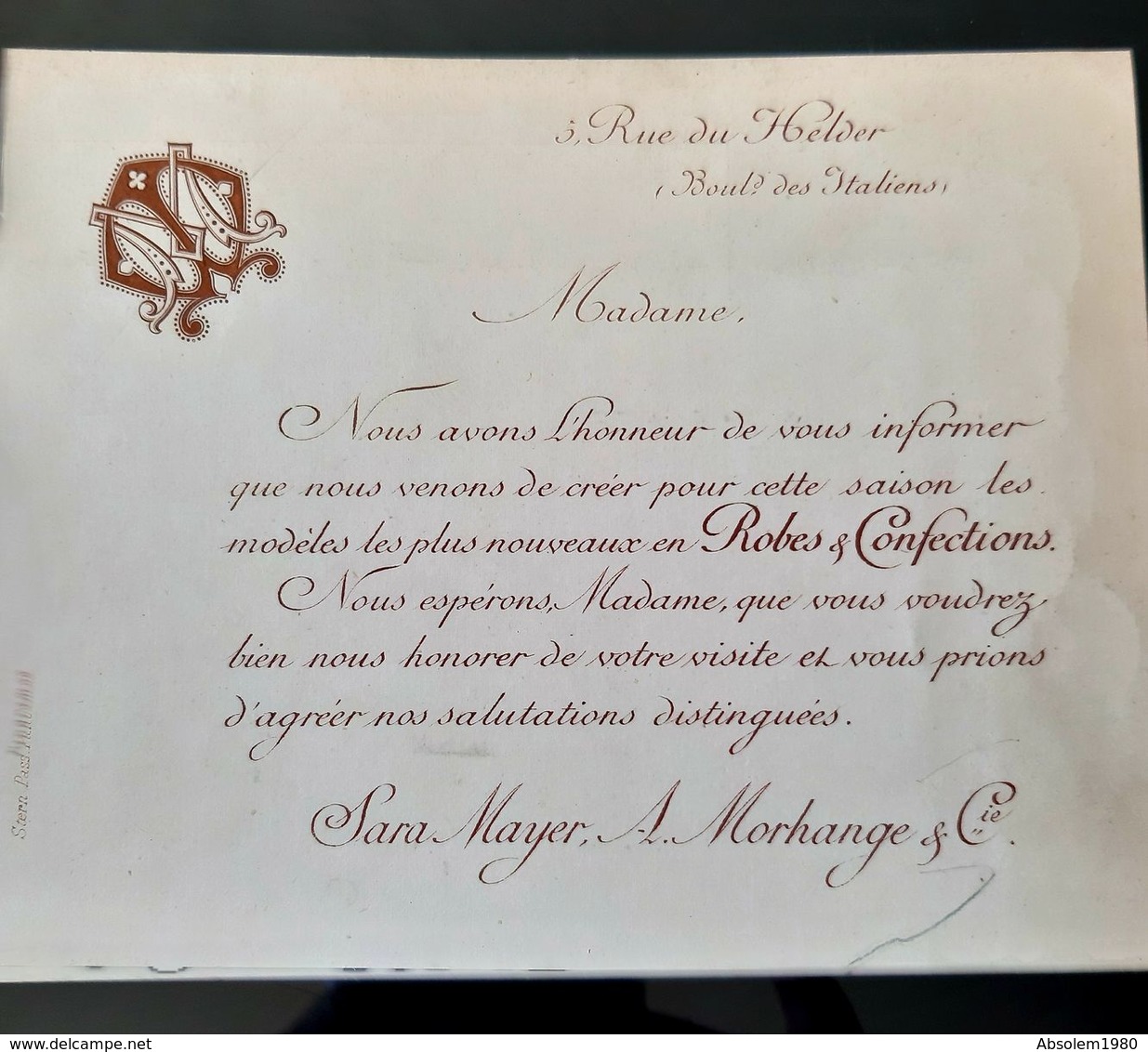 CARTE INVITATION ANCIENNE HAUTE COUTURE SARA MAYER & A. MORHANGE ROBES CONFECTIONS DRESS FASHION EXHIBITION MODISTE - Cartoncini Da Visita