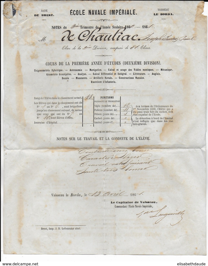 1861 - LETTRE à BORD Du VAISSEAU "LE BORDA" ECOLE NAVALE IMPERIALE + MARQUE LINEAIRE En RADE De BREST (VOIR INTERIEUR) - Marques D'armée (avant 1900)