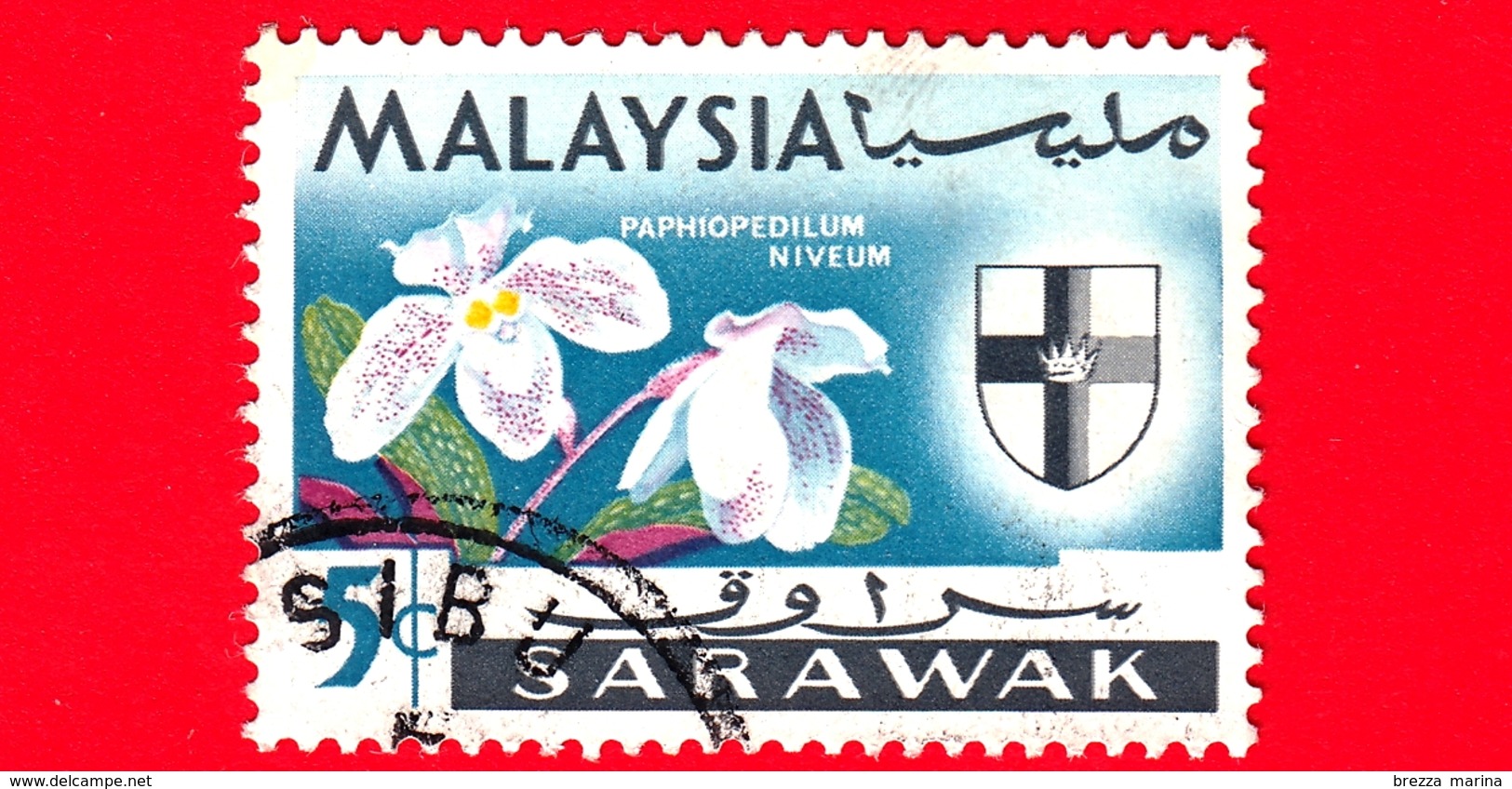 MALESIA - MALAYSIA - Usato - SARAVAK - 1965 - Fiori - Orchidee - Paphiopedilum Niveum - Stemmi Araldici - 5 - Malaysia (1964-...)