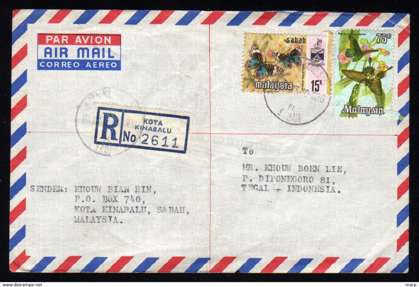 Malaysia Registered Cover From Kota Kinabalu To Tegal Indonesia 1973 - Malaysia (1964-...)