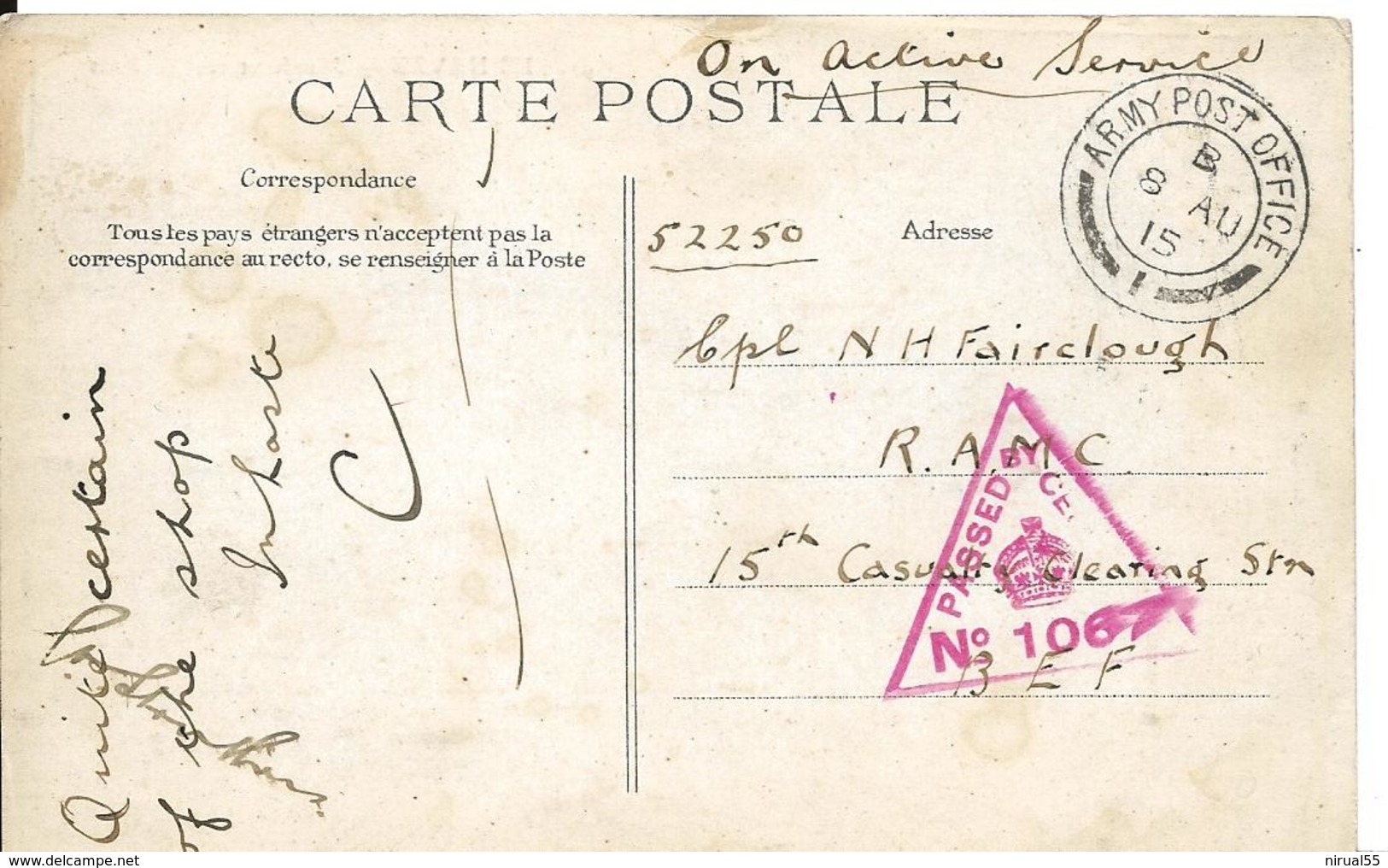 Guerre 14 18 LE HAVRE Seine Maritime CAD ARMY POST OFFICE 1915 + CENSURE Rouge N° 1064  ...G - Guerre De 1914-18