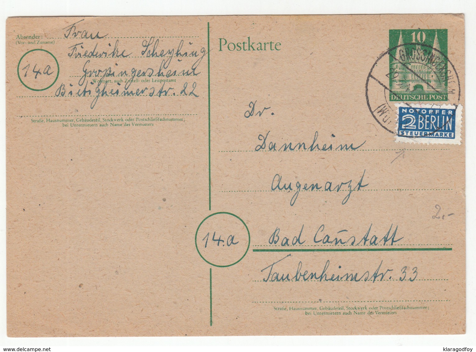 Germany Postal Stationery Postcard Postkarte Travelled 1949 Grossingersheim - Berlin Notopfer Stamp B190510 - Lettres & Documents