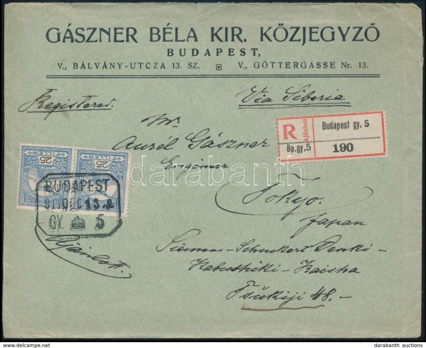 1917 Ajánlott Levél Budapestről Japánba Turul 2 X 25f Bérmentesítéssel, érkezési Bélyegzővel. Ritka Destináció!! / Regis - Other & Unclassified