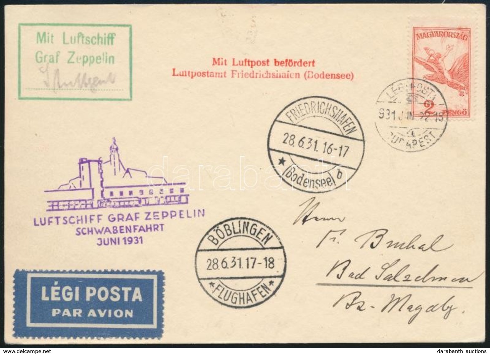 1931 Zeppelin Svábföldi útja Levelezőlap Stuttgartba - Other & Unclassified