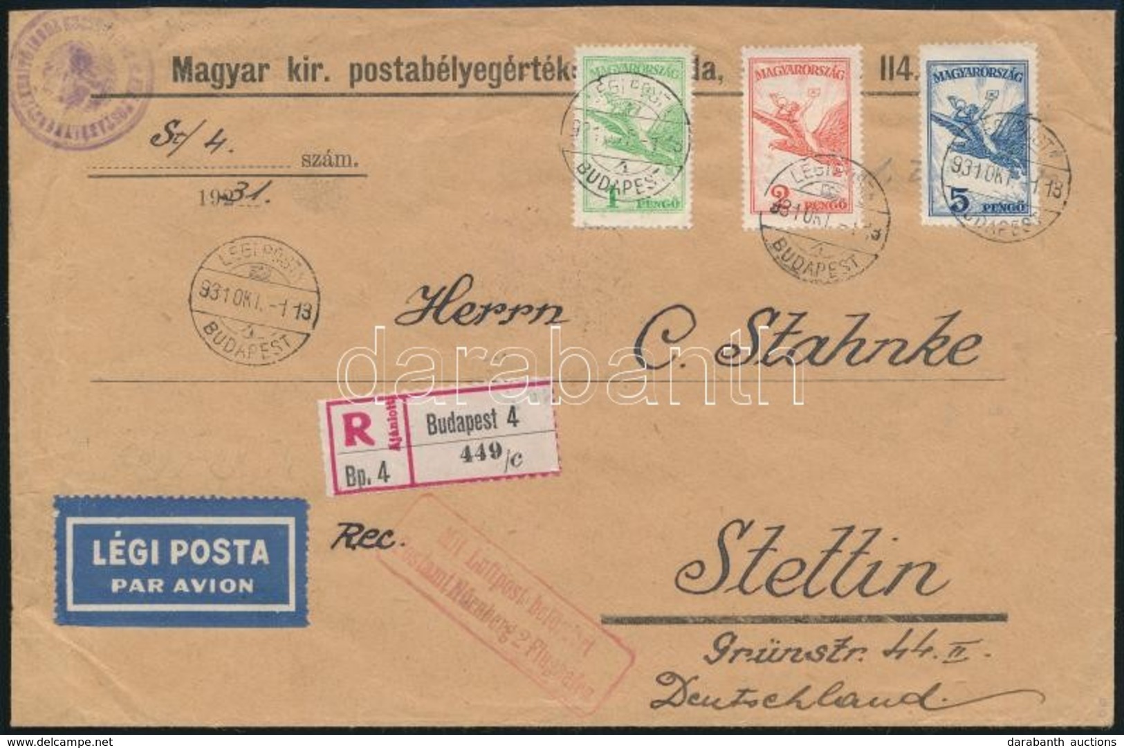 1931 Ajánlott Légi Levél Stettinbe Repülő 1P, 2P, 5P Bérmentesítéssel - Andere & Zonder Classificatie