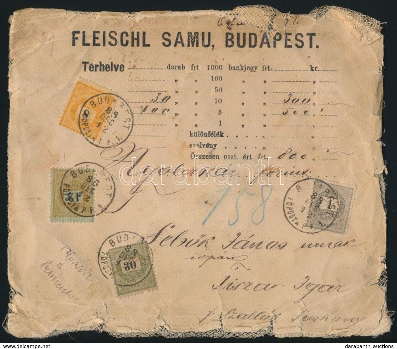 1888 Céges Pénzeslevél Sztereotíp Bélyegekkel Bérmentesítve 'BUDAPEST' - Tisza Igar - Autres & Non Classés