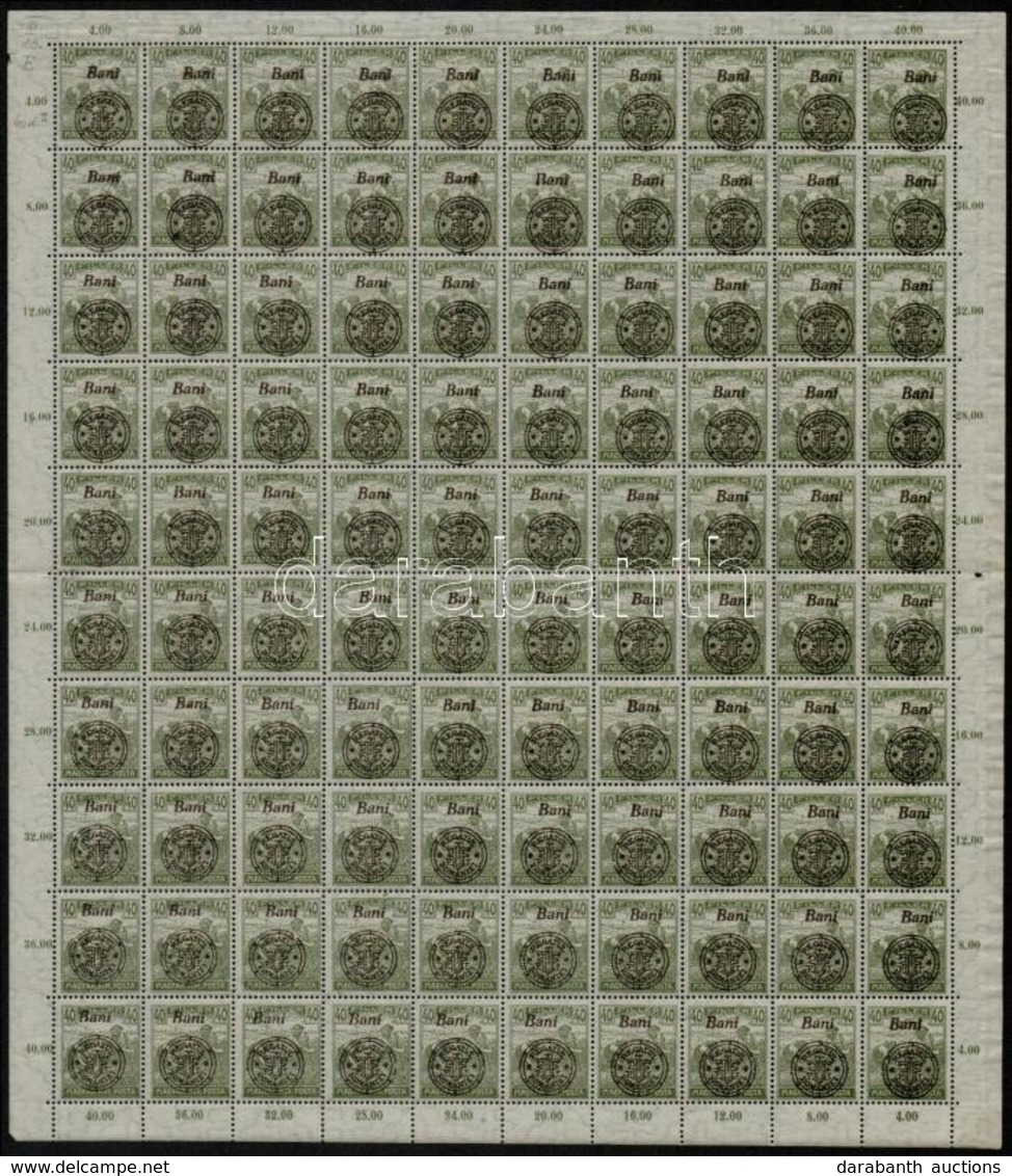 ** Nagyvárad 1919 Arató 40f Hajtott Teljes 100-as ív Sokféle Lemezhibával, Elcsúszással, Bodor Vizsgálójellel (III/E Típ - Autres & Non Classés