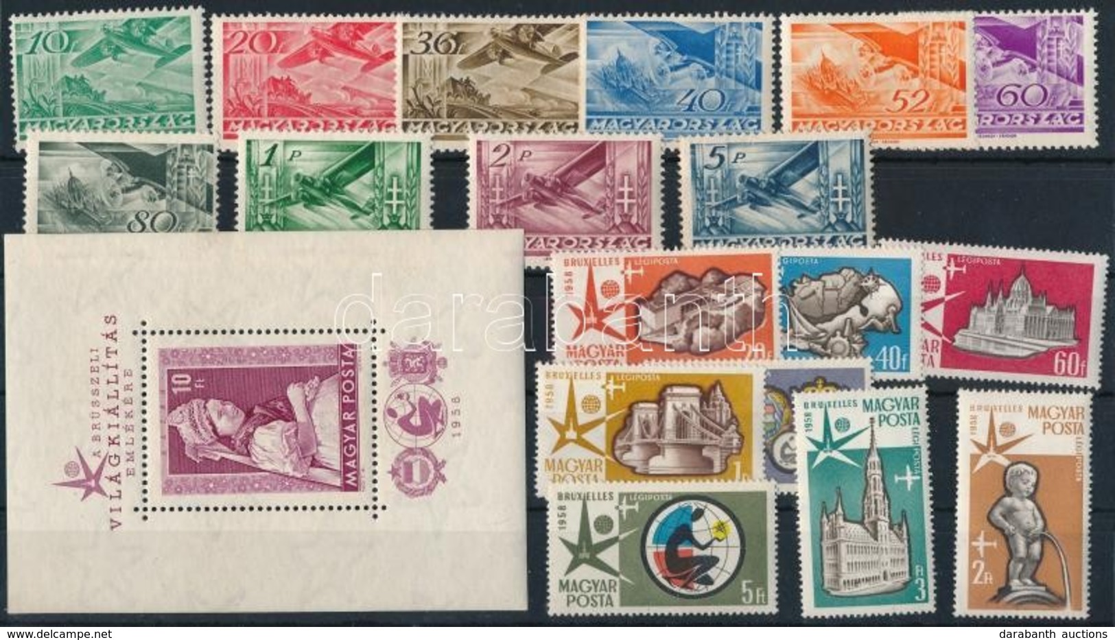 ** * 1936 Repülő Sor és 1958 Brüsszel Sor + Blokk,  Közepes Stecklapon - Autres & Non Classés