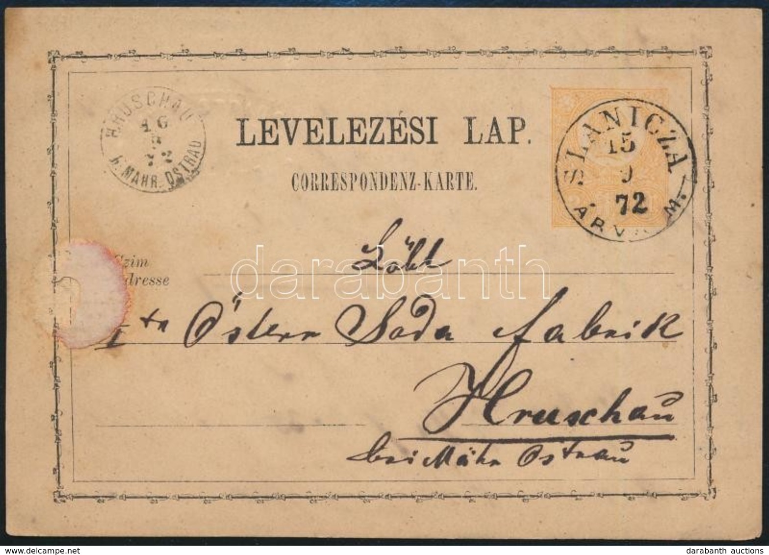 1872 Díjjegyes Levelezőlap 'SLANICZA / ÁRVA M.' - Autres & Non Classés