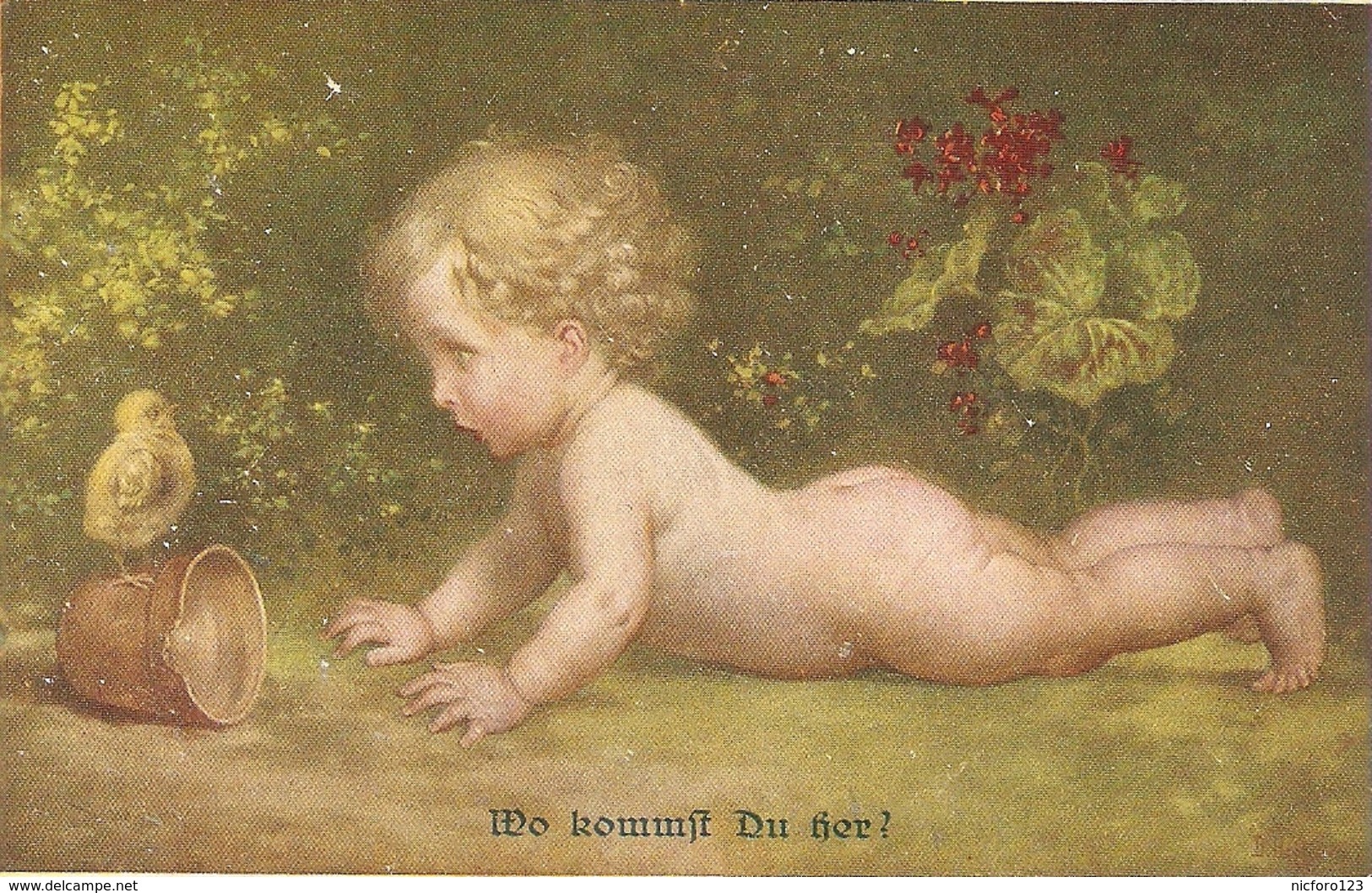 "Nude Baby Looking At Bird" Loevely Antique Austria Postard - Otros & Sin Clasificación