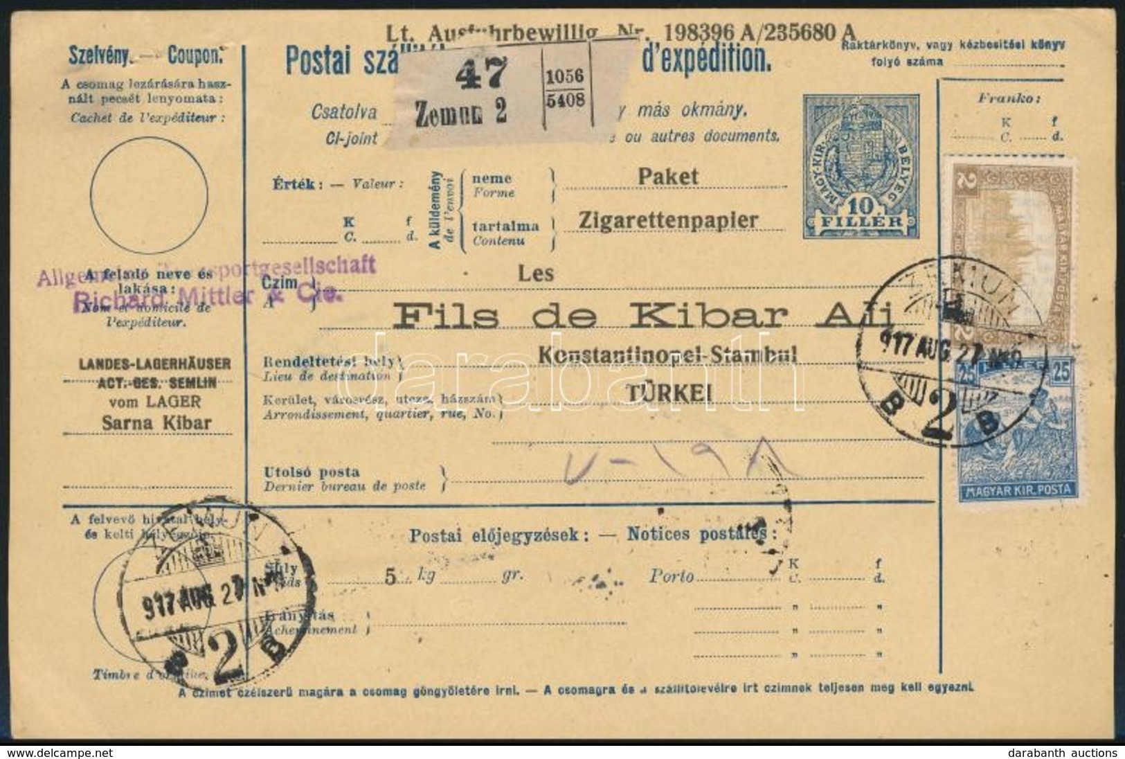 1917 Csomagszállító Arató 25f + Parlament 2K Bérmentesítéssel Törökországba Küldve, Hátoldalán Török Illeték / Parcel Ca - Andere & Zonder Classificatie