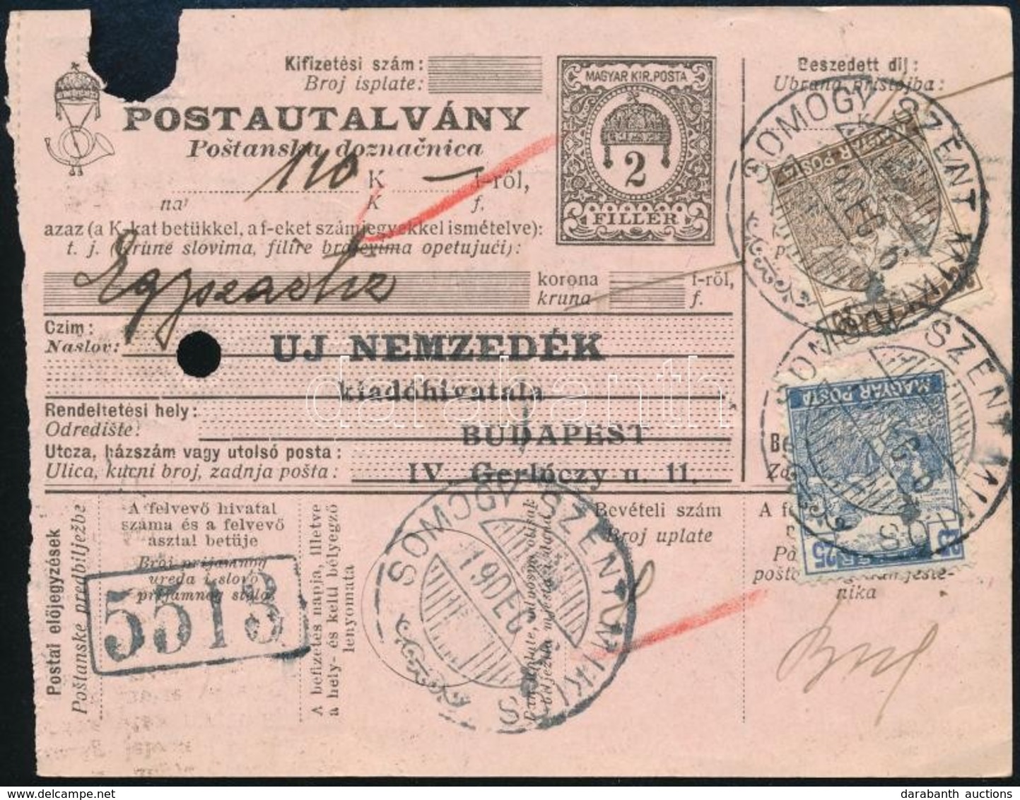 1919 Postautalvány 'SOMOGY SZENT MIKLÓS' - Budapest - Autres & Non Classés