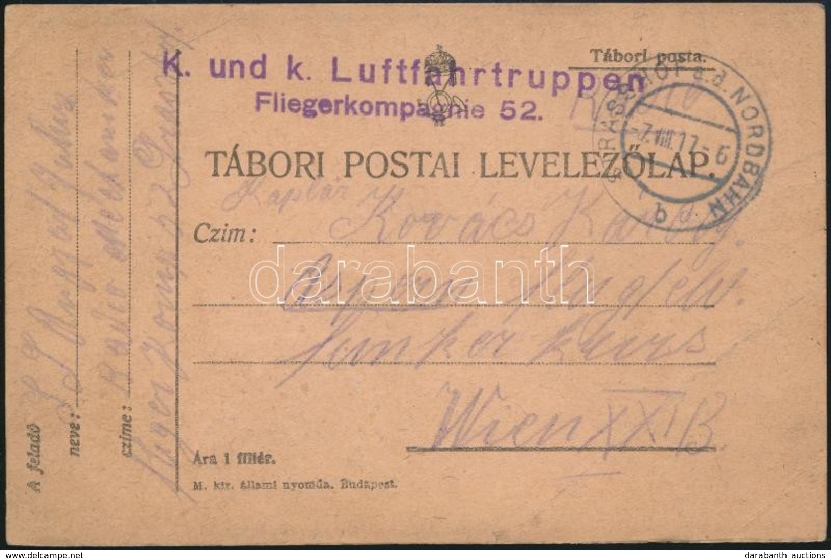 1917 Tábori Posta Levelezőlap 'K. Und K. Luftfahrtruppen Fliegerkompagnie 52.' - Autres & Non Classés