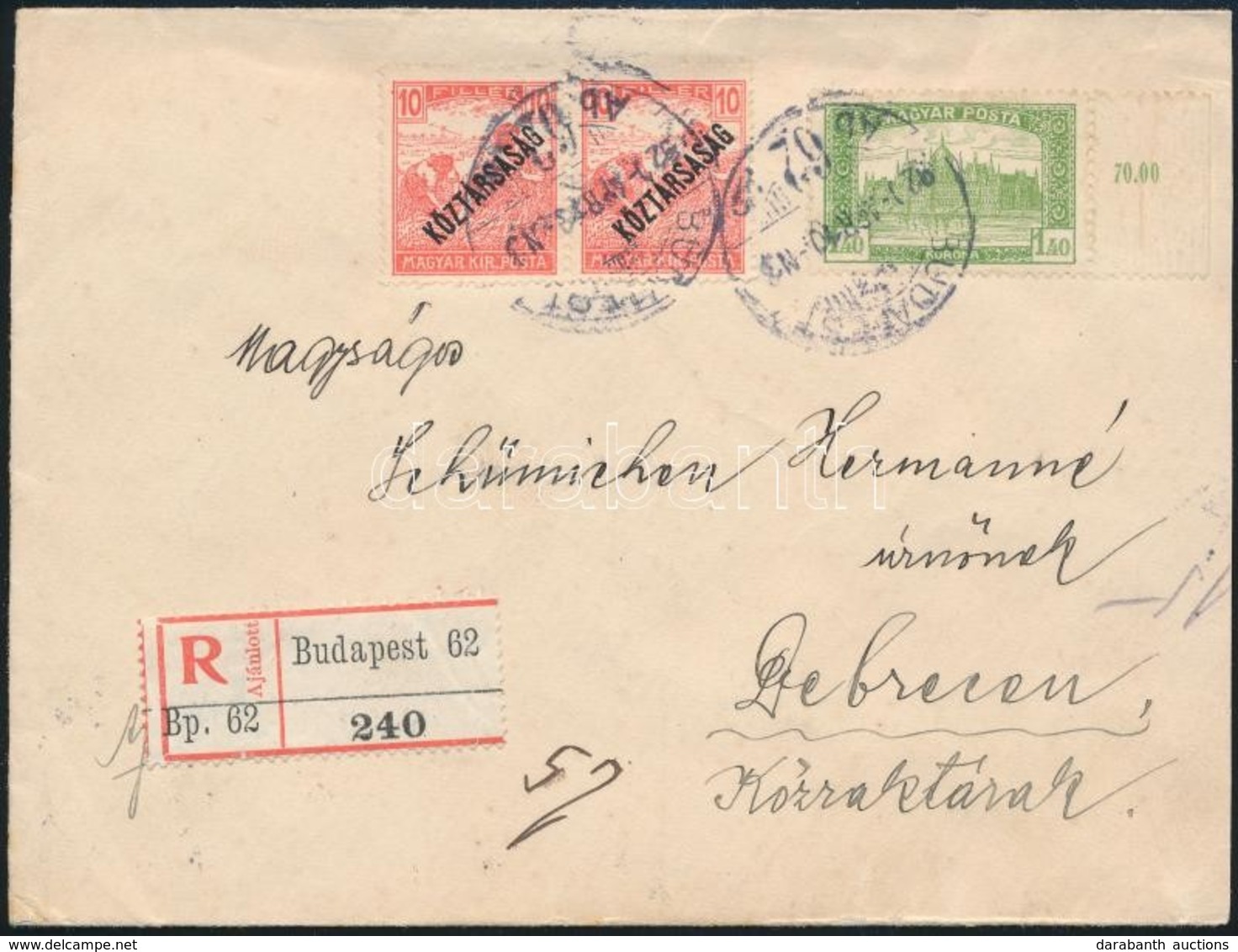 1920 Ajánlott Levél Magyar Posta/Köztársaság Bérmentesítéssel - Other & Unclassified