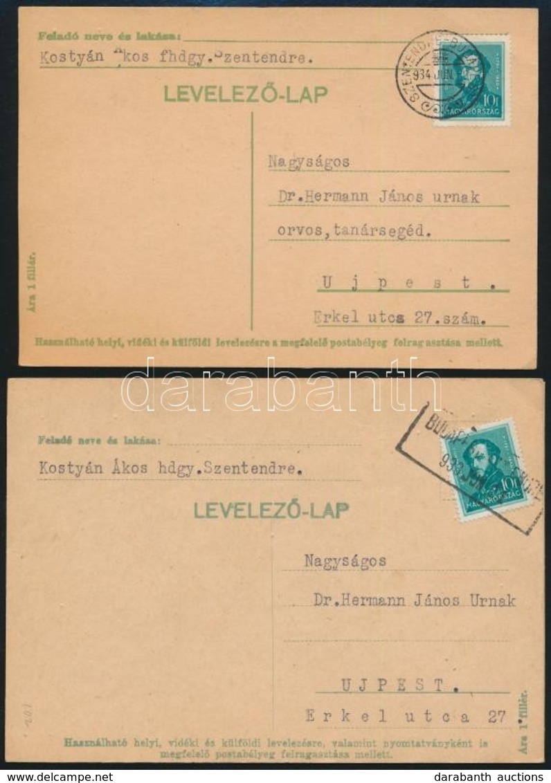 1933-1934 3 Db  Levelezőlap 'SZENTEDRE-BUDAPEST', 'BUDAPEST-SZENTEDRE' Mozgóposta Bélyegzéssel - Autres & Non Classés