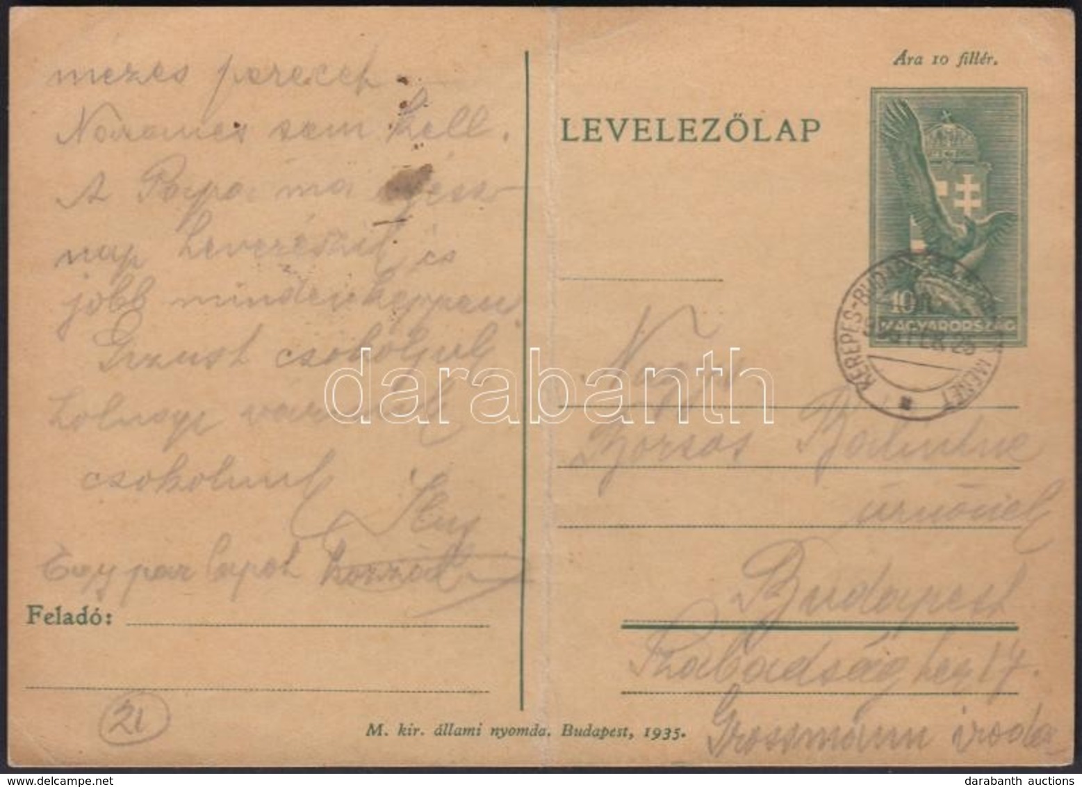 1936 10f Díjjegyes Levelezőlap KEREPES - BUDAPEST KÖZVETÍTŐ MENET Vasúti Bélyegzéssel - Other & Unclassified