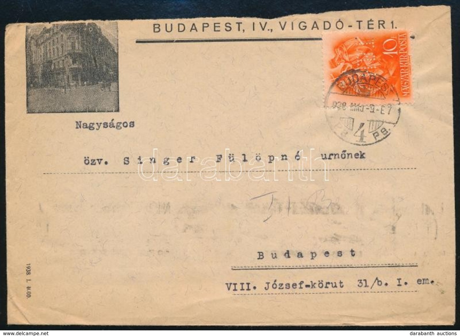 1938 Levél Céglyukasztásos Bélyeggel Bérmentesítve, Hátoldalán Levélzáróval - Autres & Non Classés