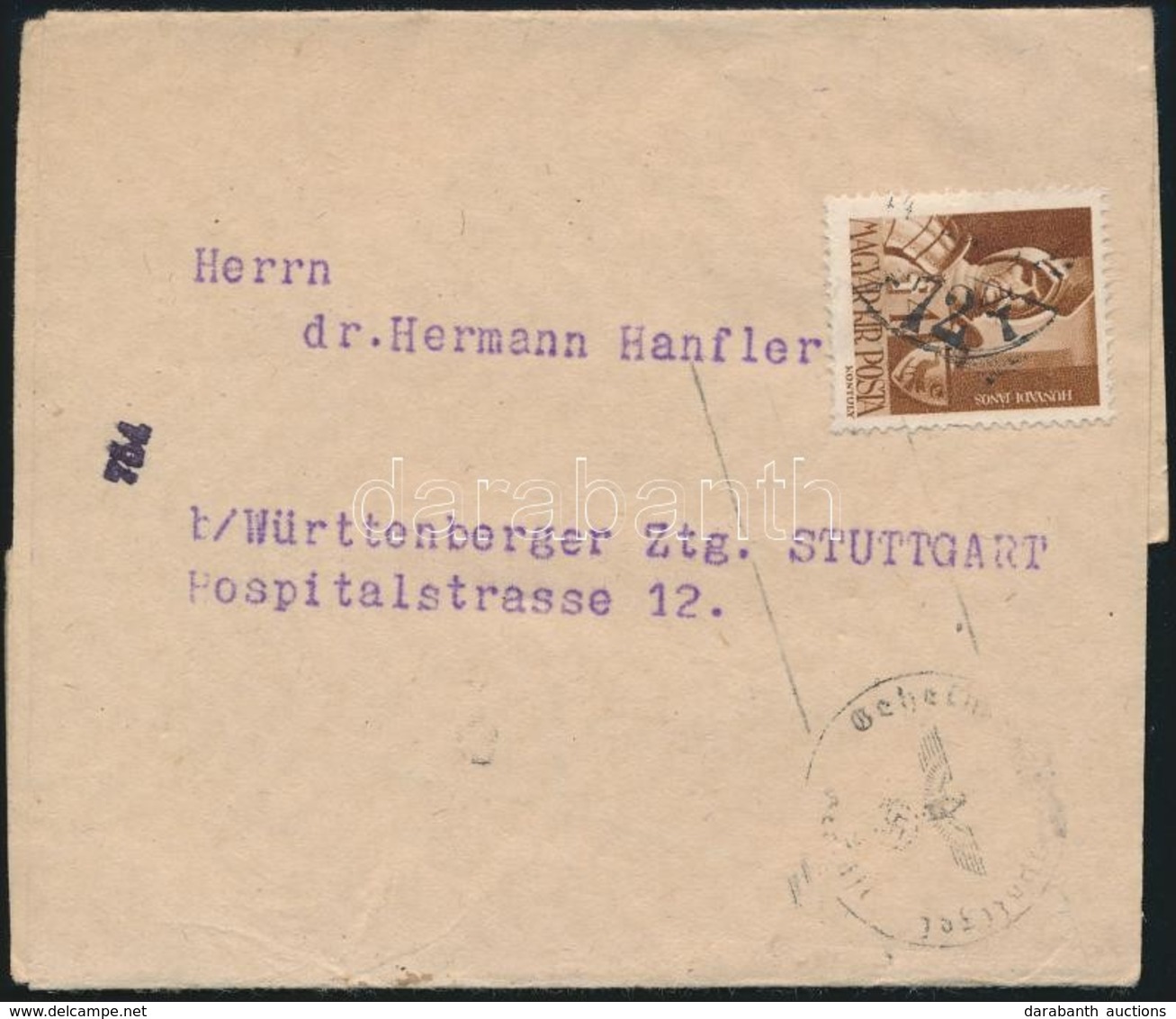 1944 Teljes Címszalag Stuttgartba, Német Cenzúrával - Autres & Non Classés