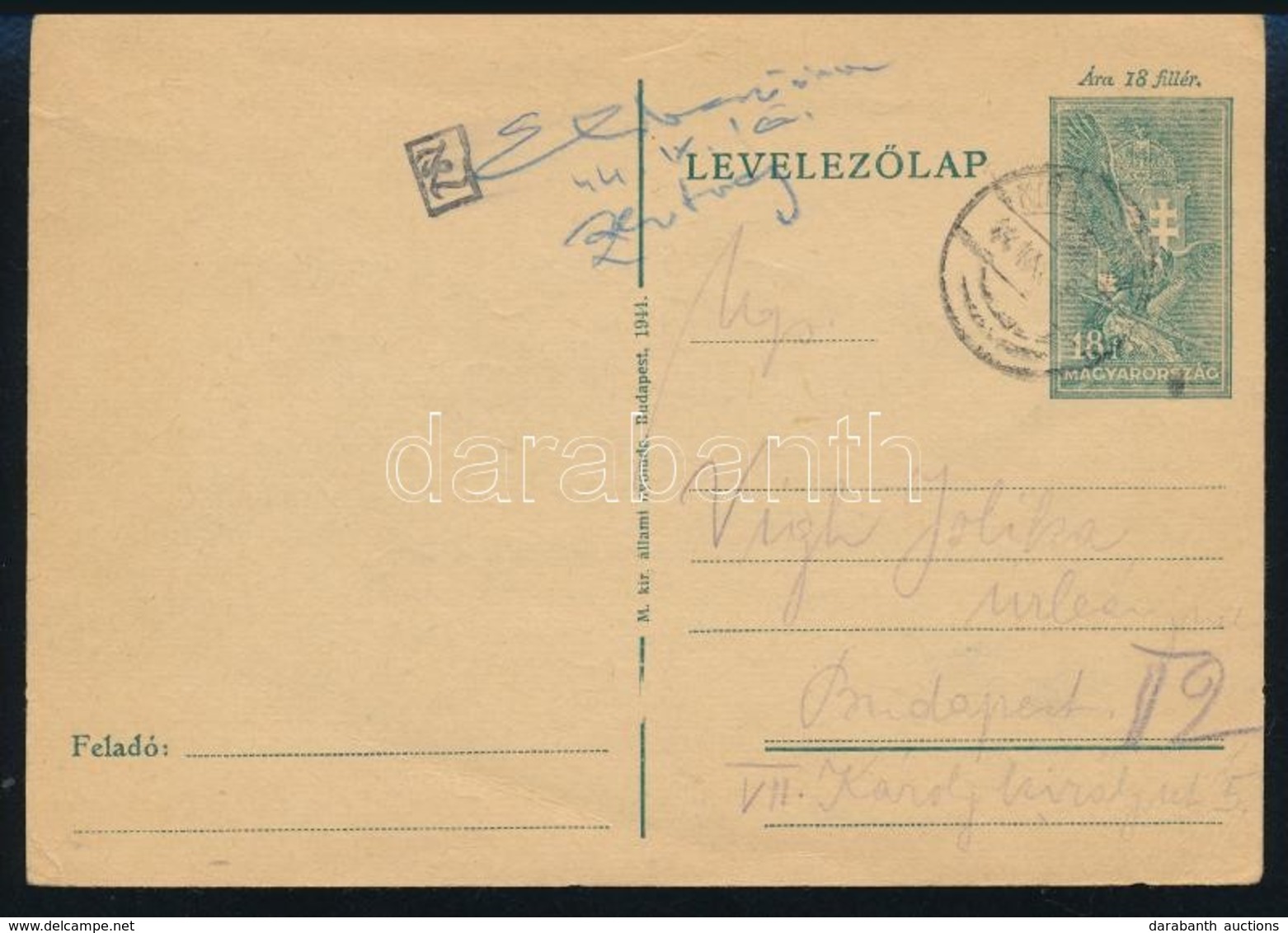 1944 Levelezőlap 'KIRÁLYHÁZA' Szükségbélyegzéssel, Cenzúrázva / Censored Postcard With Auxiliary Postmark - Andere & Zonder Classificatie