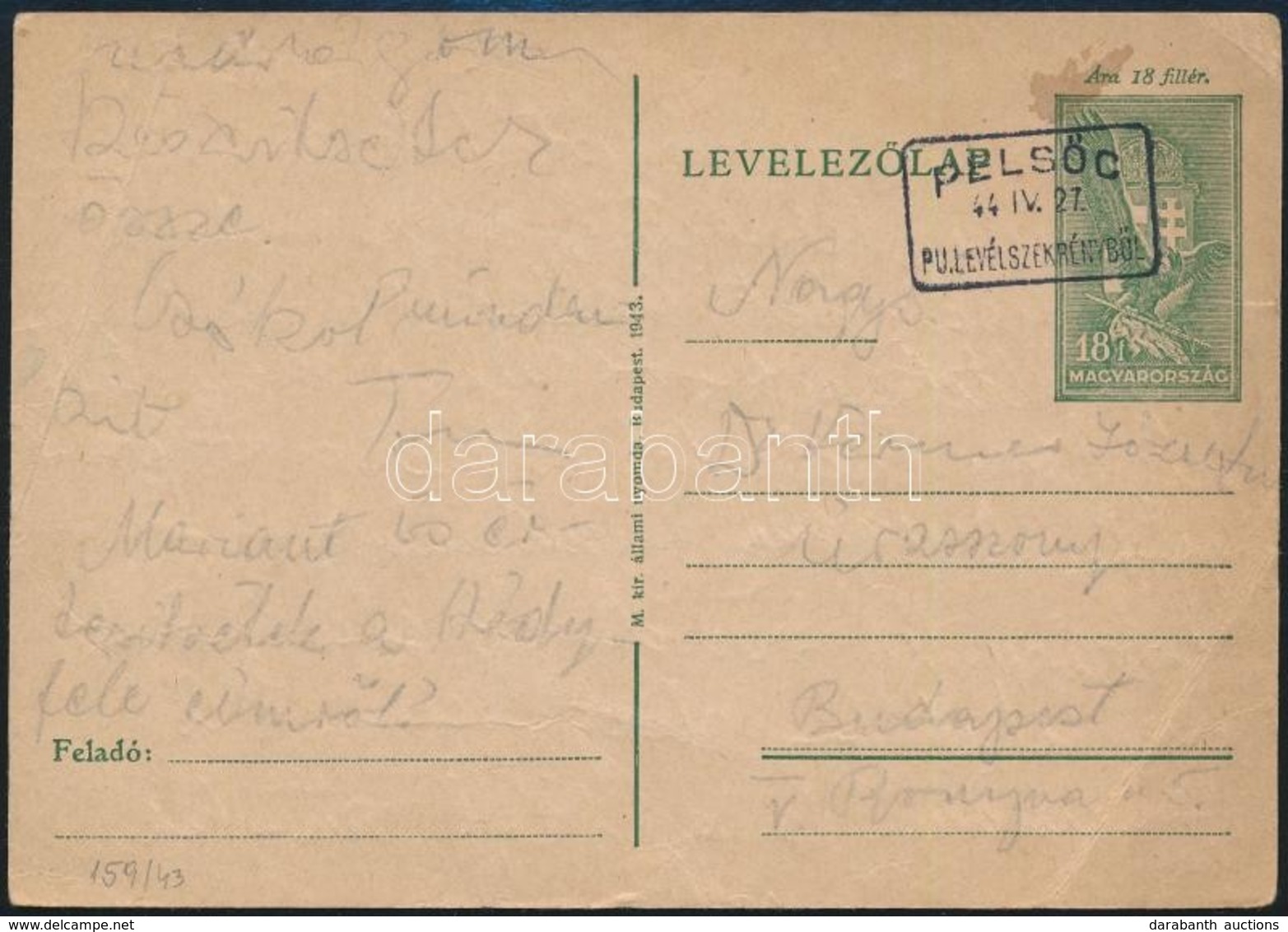 1944 Díjjegyes Levelezőlap 'PELSŐC P.U. LEVÉLSZEKRÉNYBŐL' - Andere & Zonder Classificatie