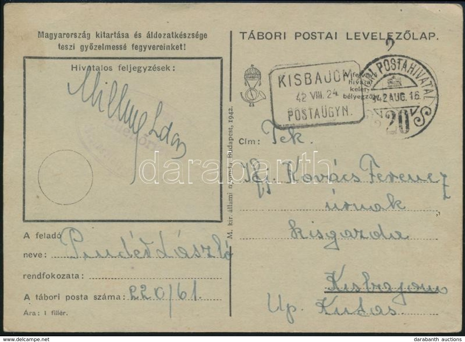 1942 Tábori Posta Levelezőlap KISBAJOM Postaügynökségi Bélyegzéssel - Other & Unclassified